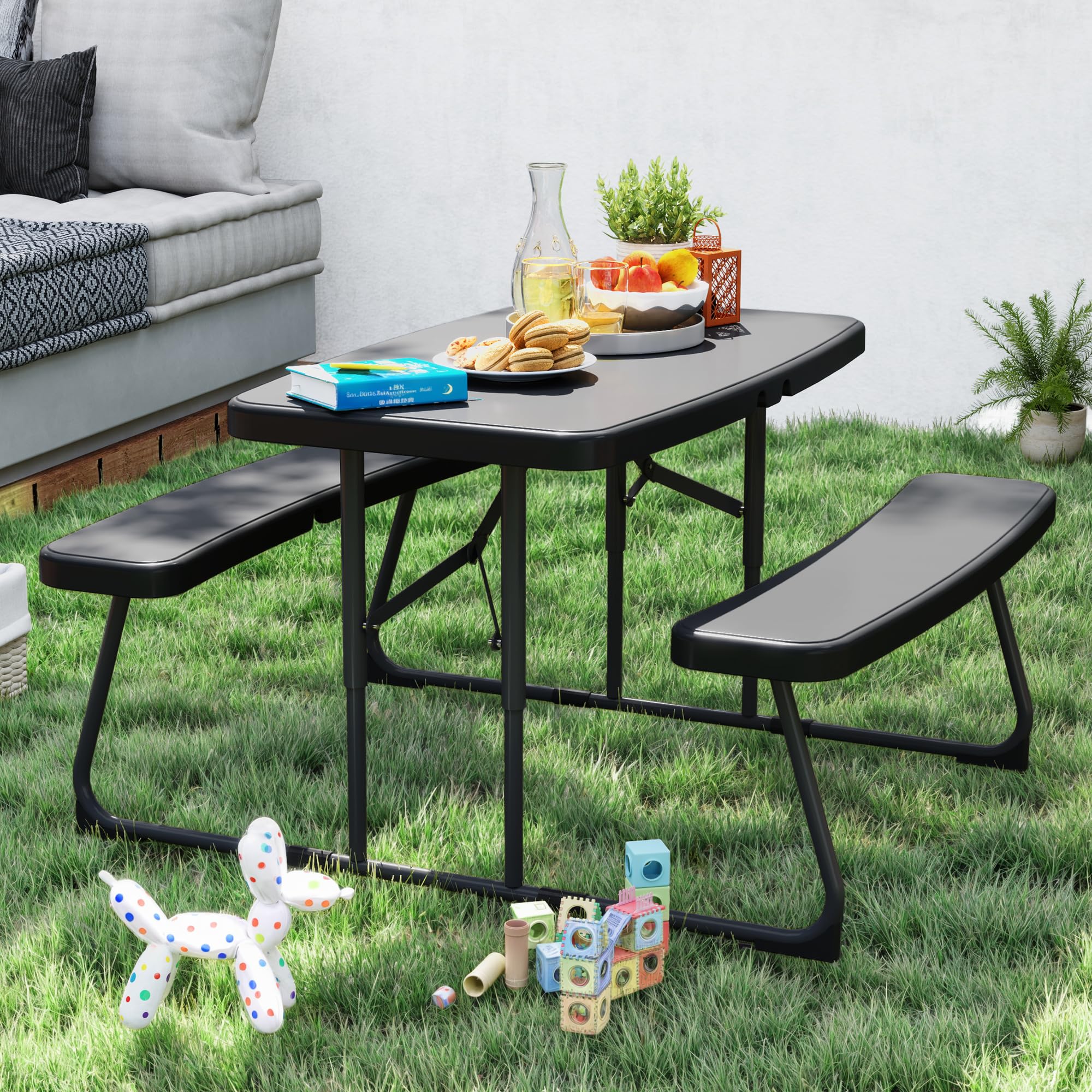DWVO 37" Picnic Table, Folding Picnic Tables for Outdoors with Weather Resistant Resin Tabletop & Stable Steel Frame for Yard Patio Lawn Party, Black