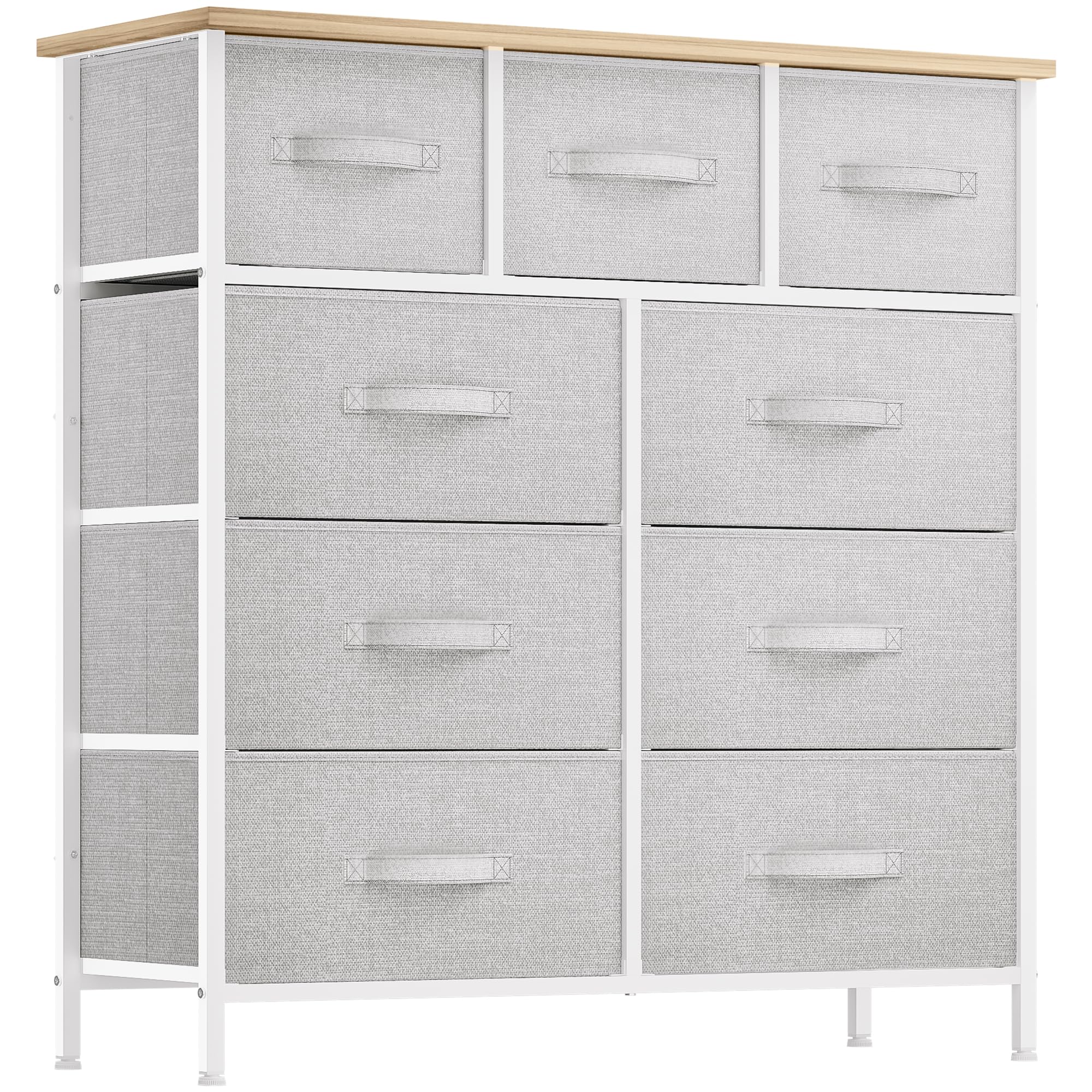 DWVO 9 Drawer Dresser, Light Gray Fabric Storage Tower, Tall Organizer Unit for Room, Living Room, Hallway, Closets - Sturdy Steel Frame, Wooden Top & Easy Pull Bins