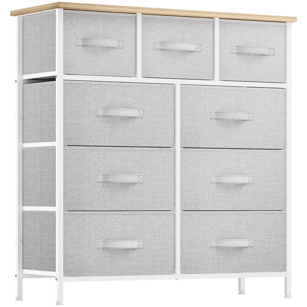 DWVO 9 Drawer Dresser, Light Gray Fabric Storage Tower, Tall Organizer Unit for Room, Living Room, Hallway, Closets - Sturdy Steel Frame, Wooden Top & Easy Pull Bins