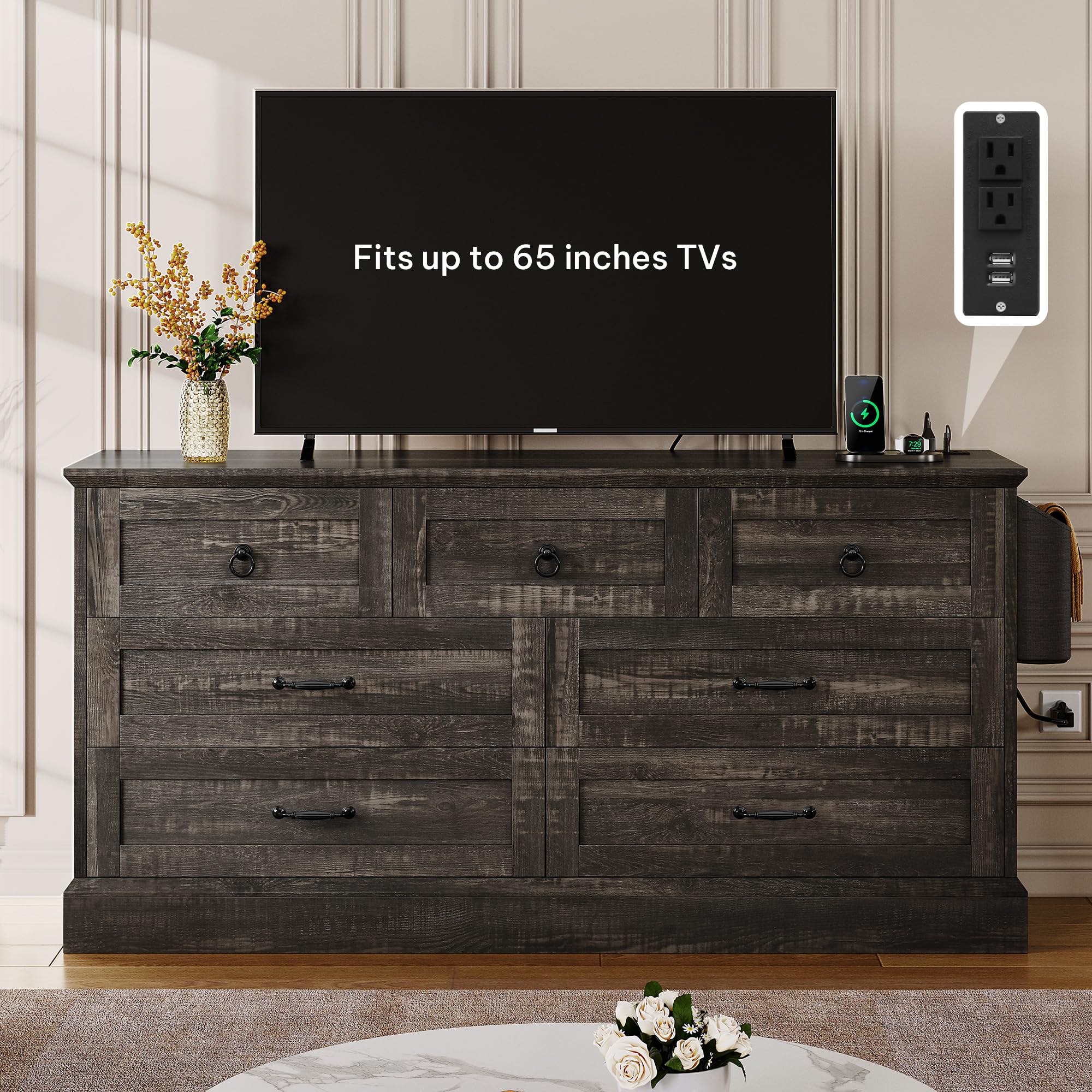 DWVO 7 Drawer Dressers, Buffet Sideboard with Power Outlets, Broad Rustic Wooden Chest of Drawers with Attractive Grain, Storage Cabinet for Living Room, Dining Room, Kitchen, Hallway, Dark Rustic Oak