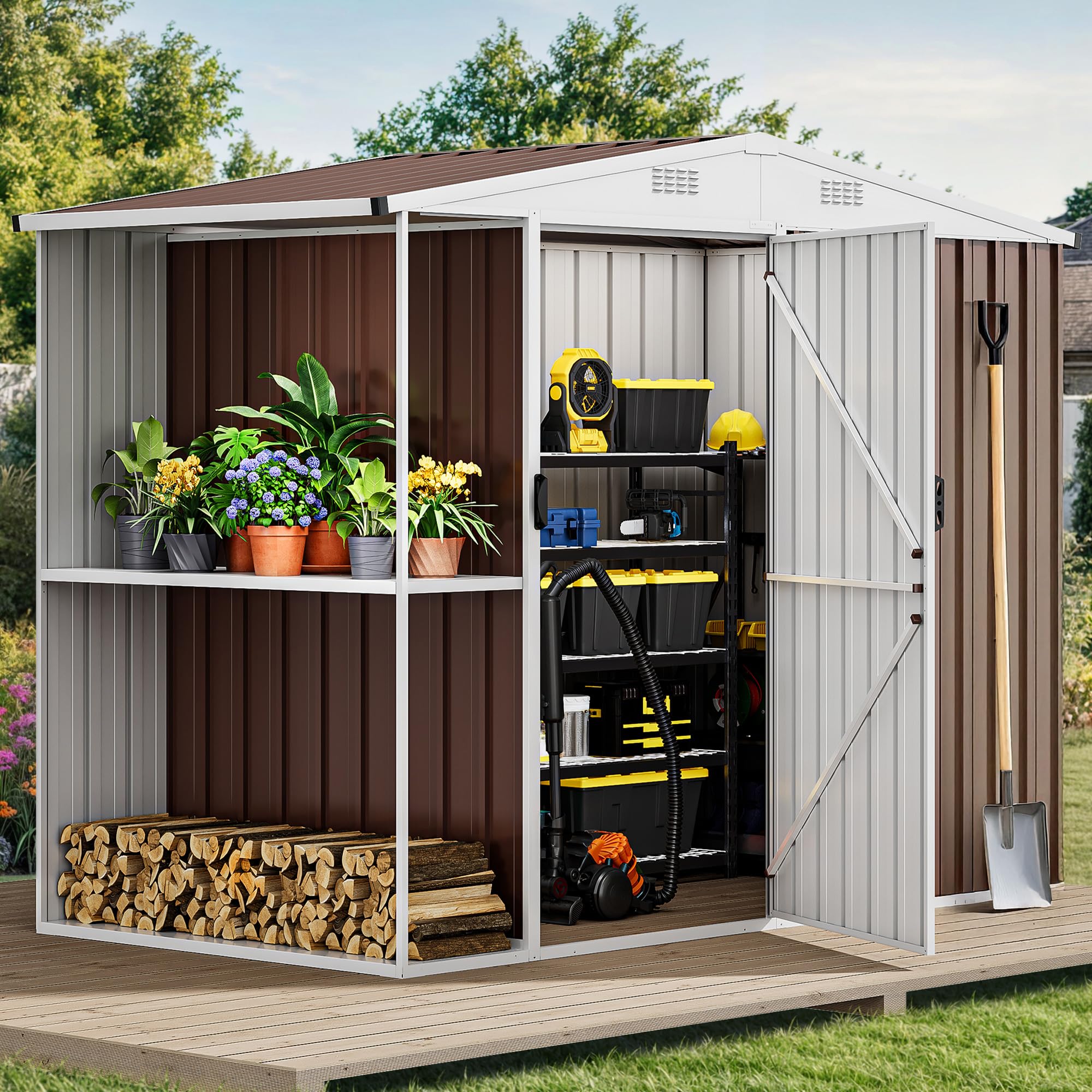 DWVO 8 x 4 ft Outdoor Storage Shed with 2-Tier Shelf, Metal Tool Shed & Garden Storage Cabinet for Backyard, Patio, Equipment & Bike, Brown