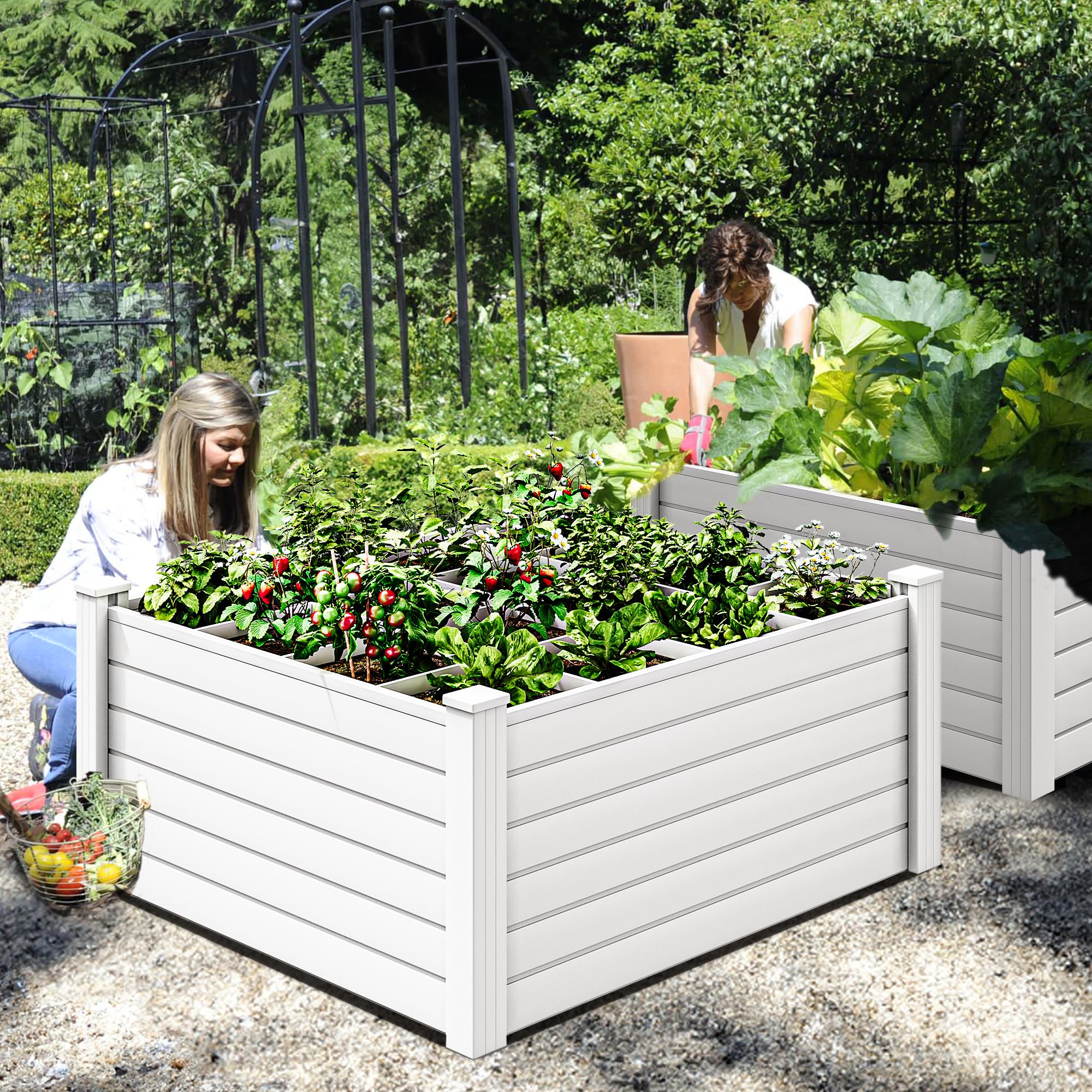 YITAHOME 4x4x2 FT Plastic Raised Garden Bed Kit, Large Outdoor Above Ground Planter Box with Growth Grid for Plants, Vegetables, and Flowers, Easy Installation, White
