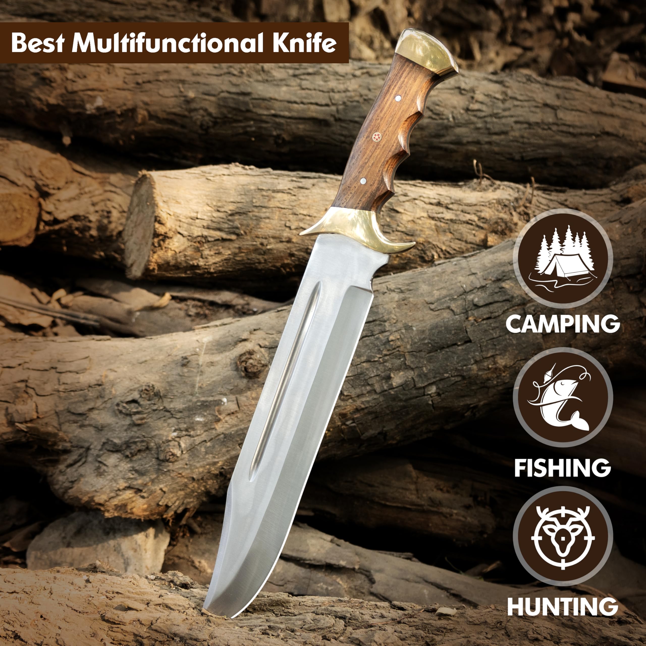 Handmade D2 Steel 18 Inches Large Bowie Knife, Full Tang Fixed Blade With Rosewood Handle and Brass Guard Hunting Knife with Leather Sheath Ideal for Camping, Hiking, Survival