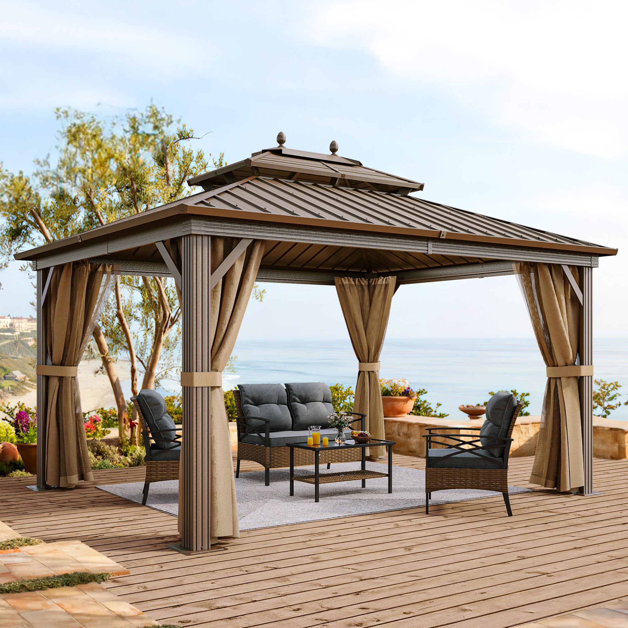 YITAHOME 10x12ft Gazebo Hardtop with Nettings and Curtains, Heavy Duty Double Roof Galvanized Steel Outdoor Combined of Horizontal Vertical Stripes Roof for Patio, Backyard, Deck, Lawn, Bronze