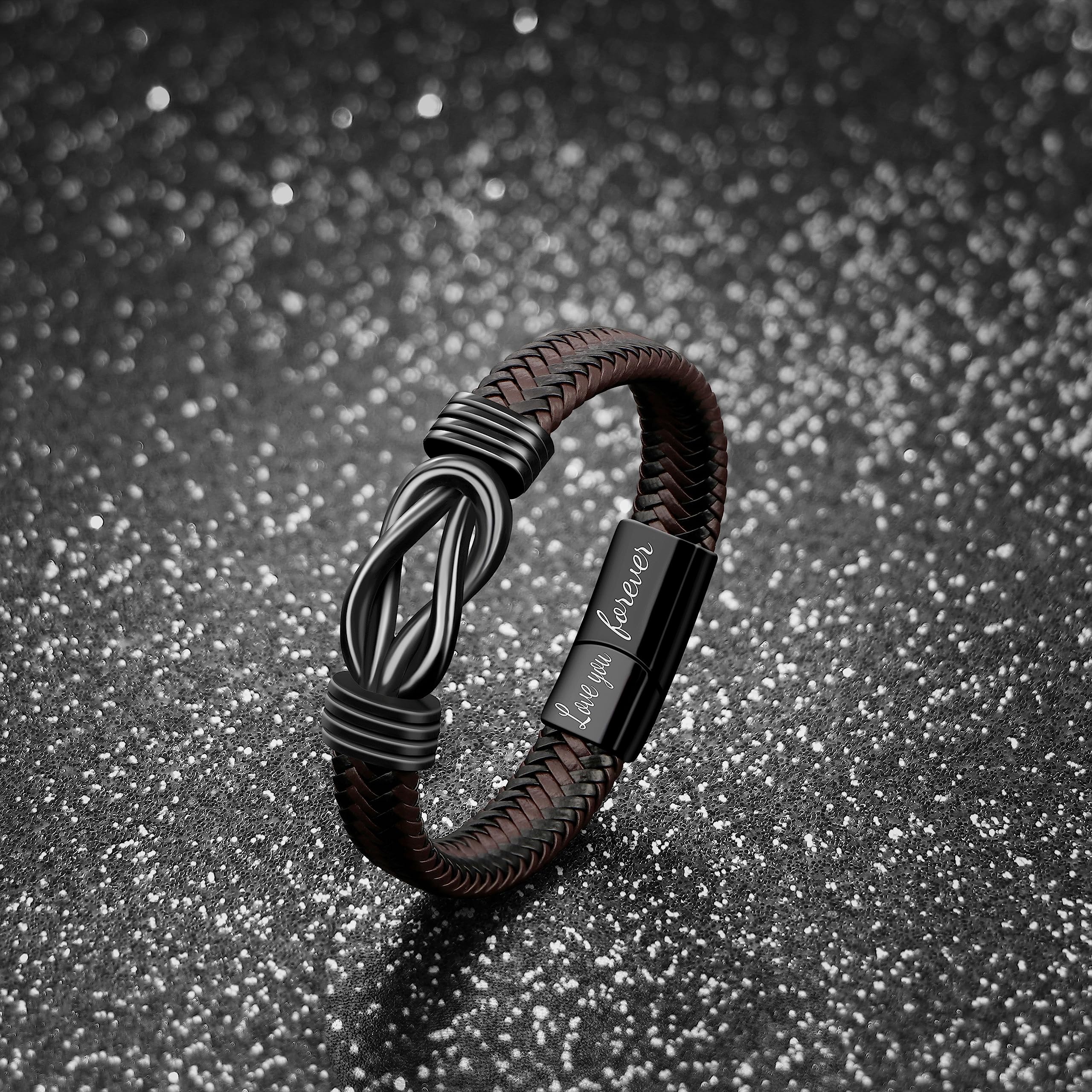 Gift for Men Infinity Bracelet for Men Dad Husband Boyfriend Son Grandson Brother Nephew Uncle Brown Braided Leather Forever Linked Together Stainless Steel Engraved with Love You Forever Jewelry