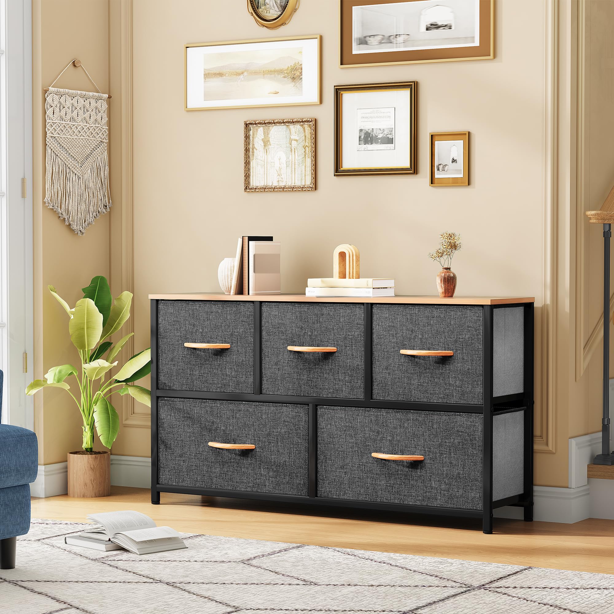 DWVO Dresser TV Stand, Fabric Tower with 5 Drawers, Dresser for Bedroom, Storage Tower, Chest of Drawers for Closet