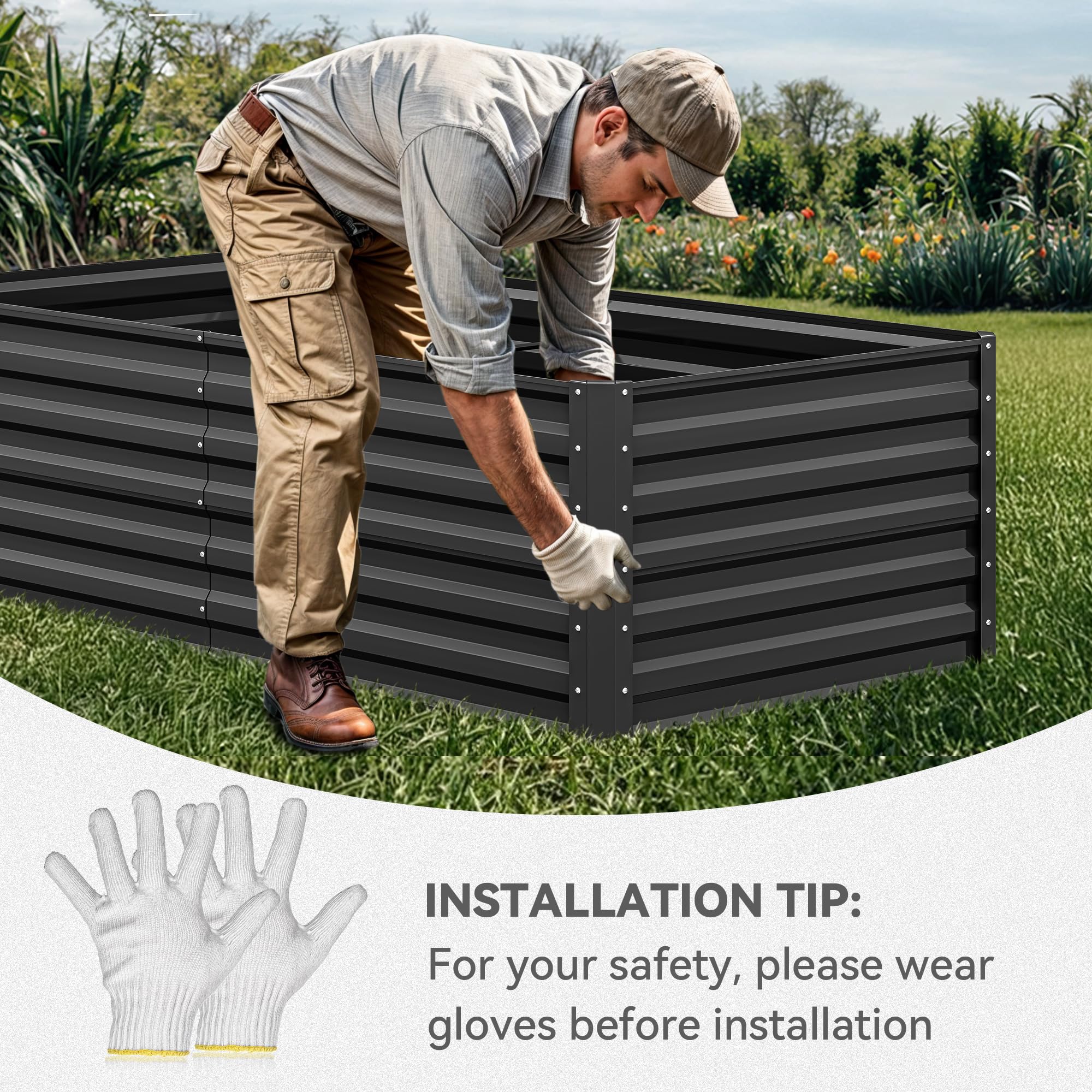 YITAHOME 6x3x2ft Large Raised Garden Bed Kit, Galvanized Metal Planter Box with Gloves, Ground Nails, Support Rod, Outdoor Above Ground Planters for Plants Vegetables Flowers, Black