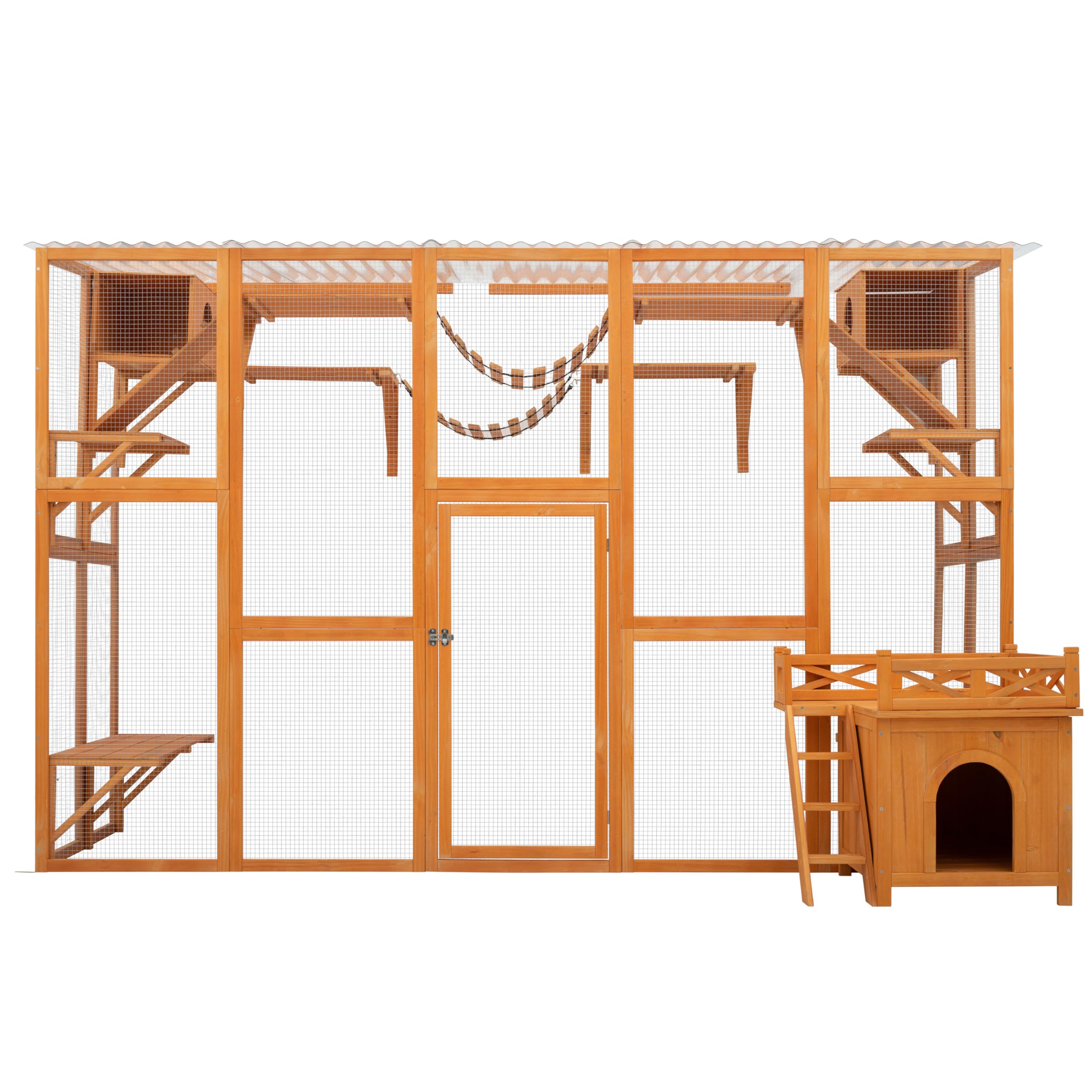 118" Large Wooden Window Catio Outdoor Cat Enclosure Walk in Cat Cage Kitten Playpen Patio with Weatherproof Roof, 2 Resting Houses,2 Bouncy Bridges and 6 Platforms Natural Wood
