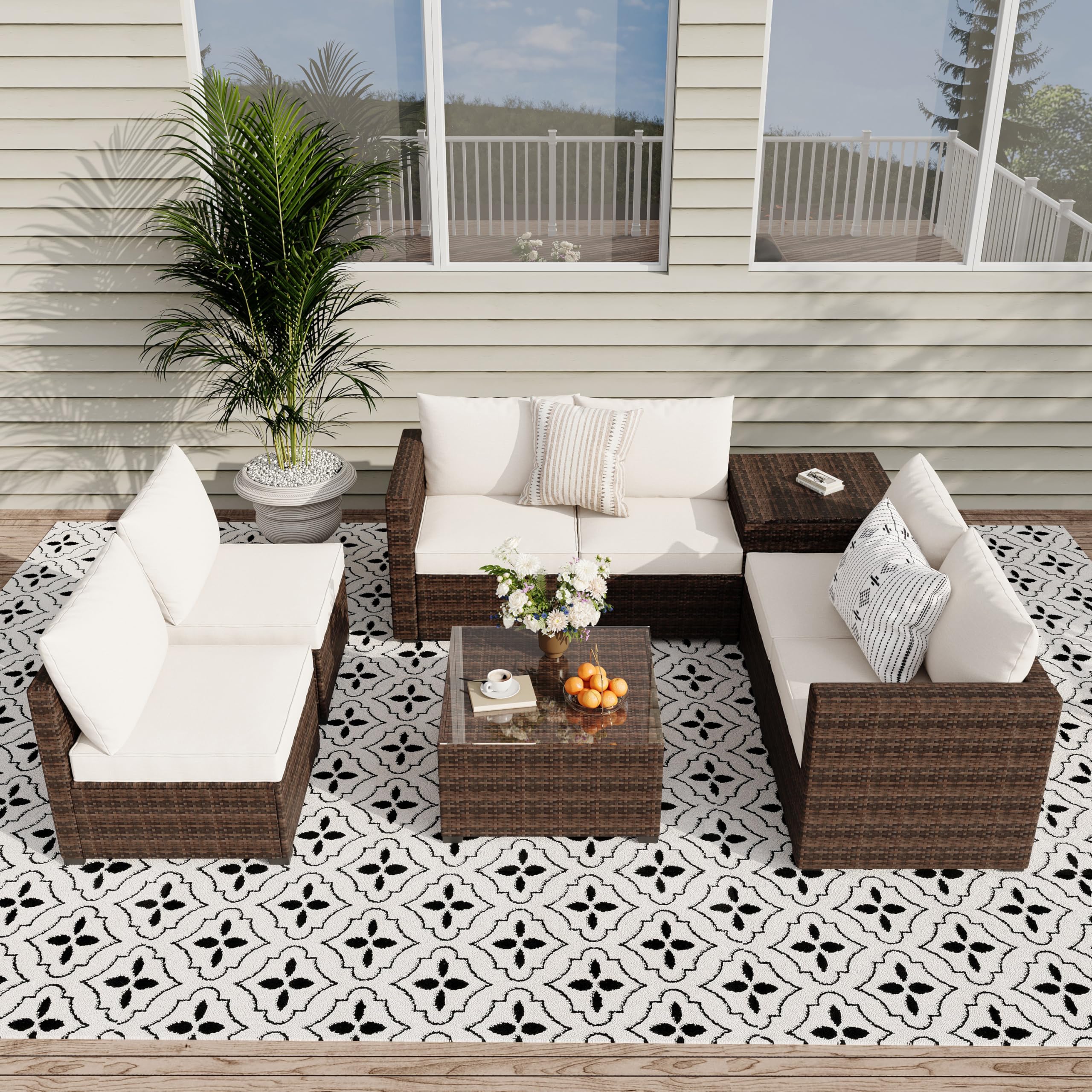 8 Pieces Outdoor Furniture Sets, Patio Conversation Sets with Storage Coffee Table & Water-Resistant Cushions, Outdoor Sectional Furniture for Front Porch, Backyard, Garden
