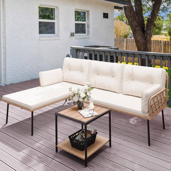 YITAHOME Patio Furniture Set, 3-Piece Outdoor Wicker Conversation Sectional L-Shaped Sofa with 4 Seater for Backyard, Porch, Boho Detachable Lounger with Cushions and Coffee Table - Beige