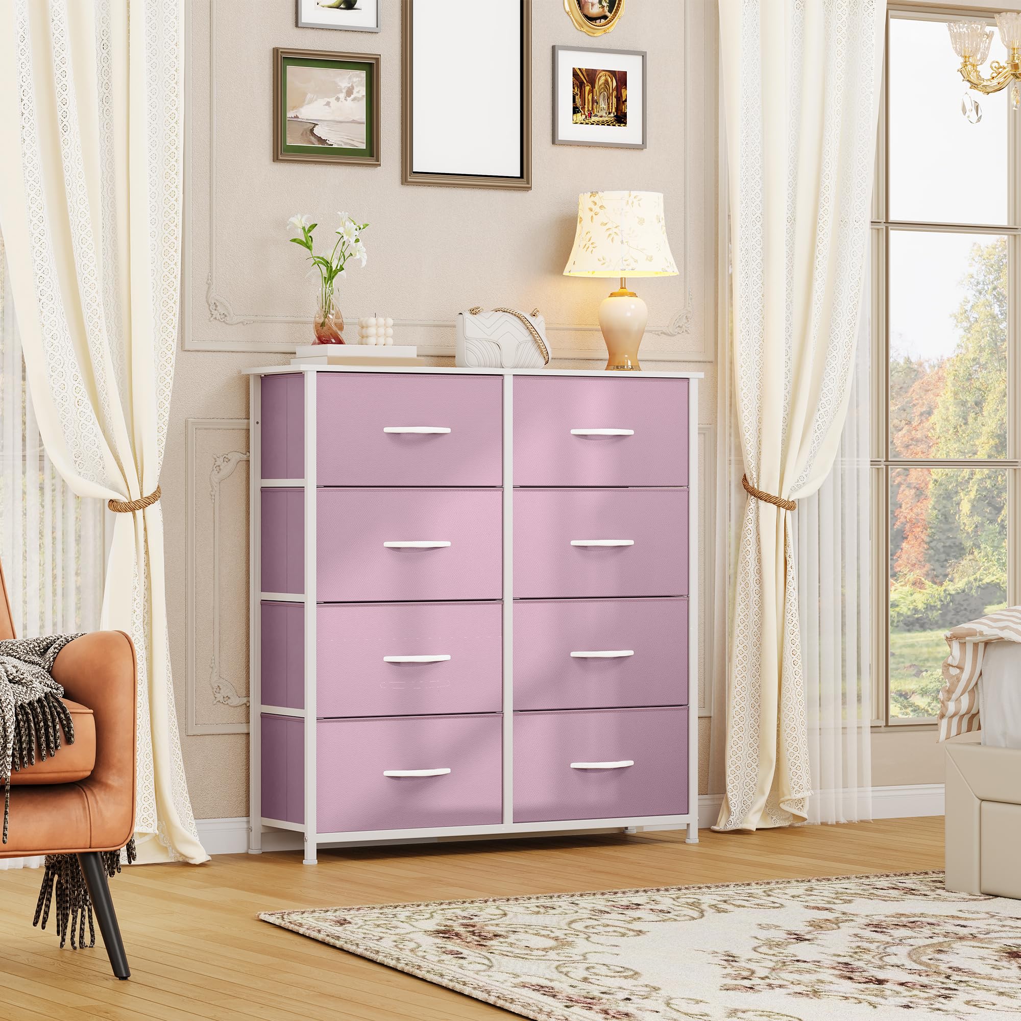 DWVO Fabric Dresser for Bedroom, Tall Storage with 8 Drawers, Pink Chest of Drawers, Storage Drawer Organizer for Closet (Begonia Pink)