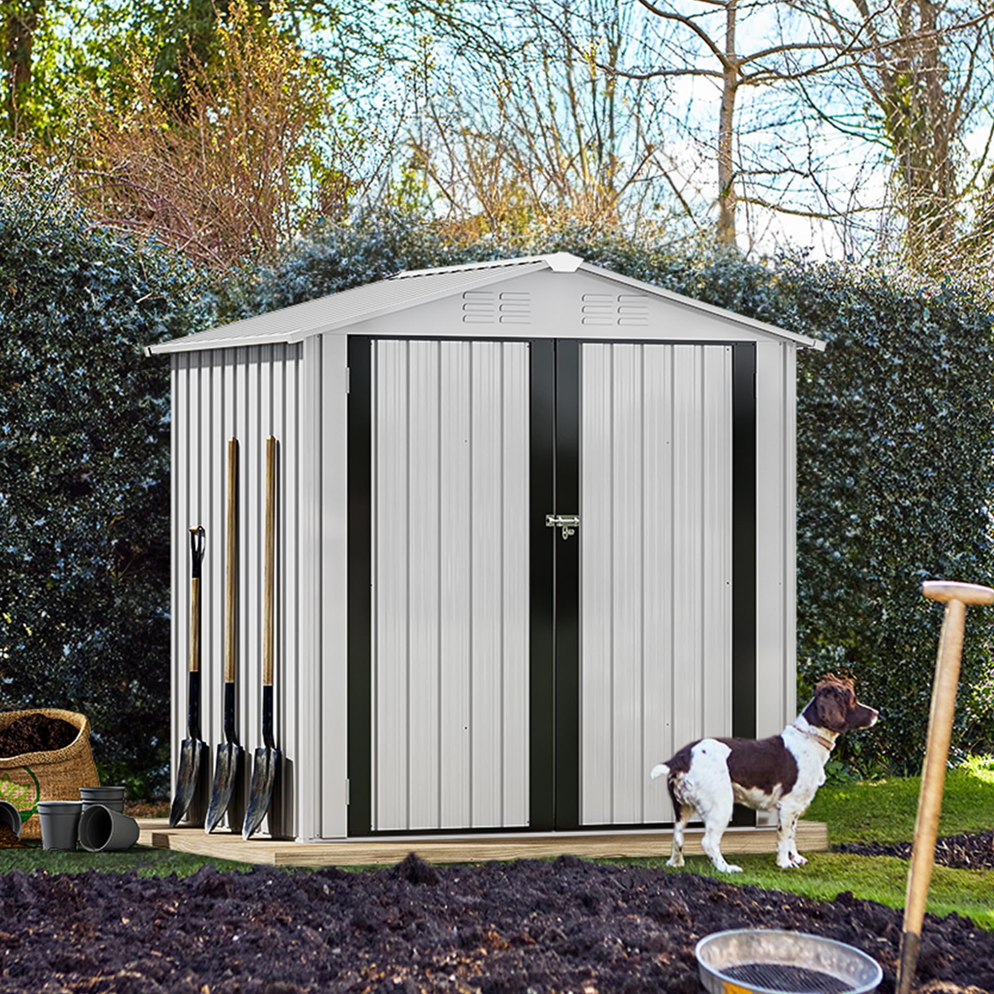 DWVO 5.6' x 3.2' Outdoor Storage Shed, Large Metal Tool Sheds, Heavy Duty Storage House with Lockable Doors & Air Vent for Backyard Patio Lawn to Store Bikes, Tools, Lawnmowers,White