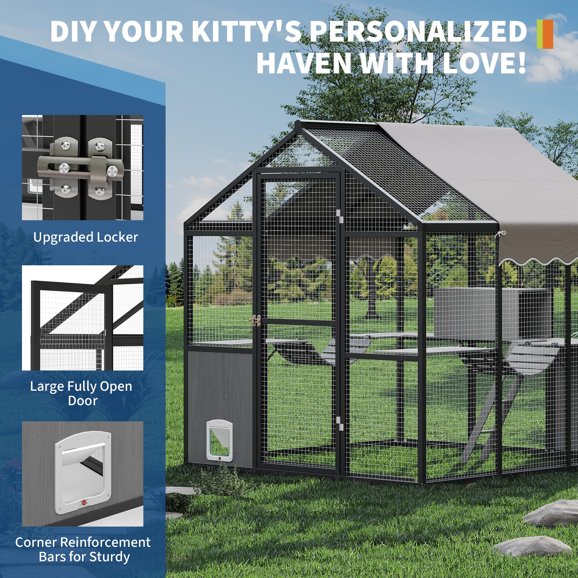 Aluminum Walk-In Large Outdoor Cat Enclosure, Large Outdoor Catio for Multiple Cats, Outside Cattery with Weatherproof Roof with Channels, Side Door, UV Proof Cover, Huge Condo, Platform