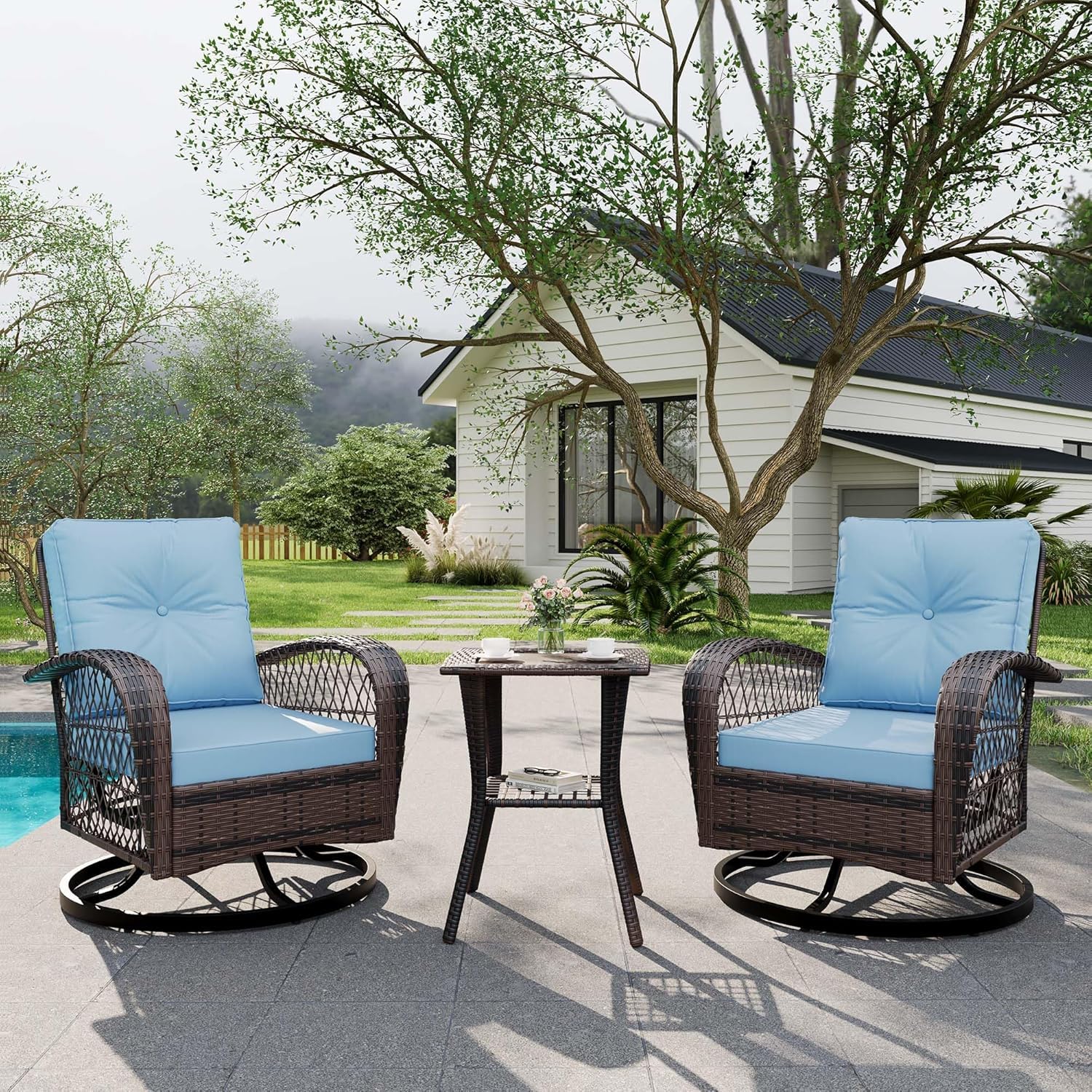 3-Piece Swivel Rocking Patio Chairs Set with 2 360-Degree Swivel Rocking Chairs and Tempered Glass Top Side Tabl, Outdoor Wicker Patio Bistro Set With Thickened Cushions for Poolside/Garden/Deck（Blue）