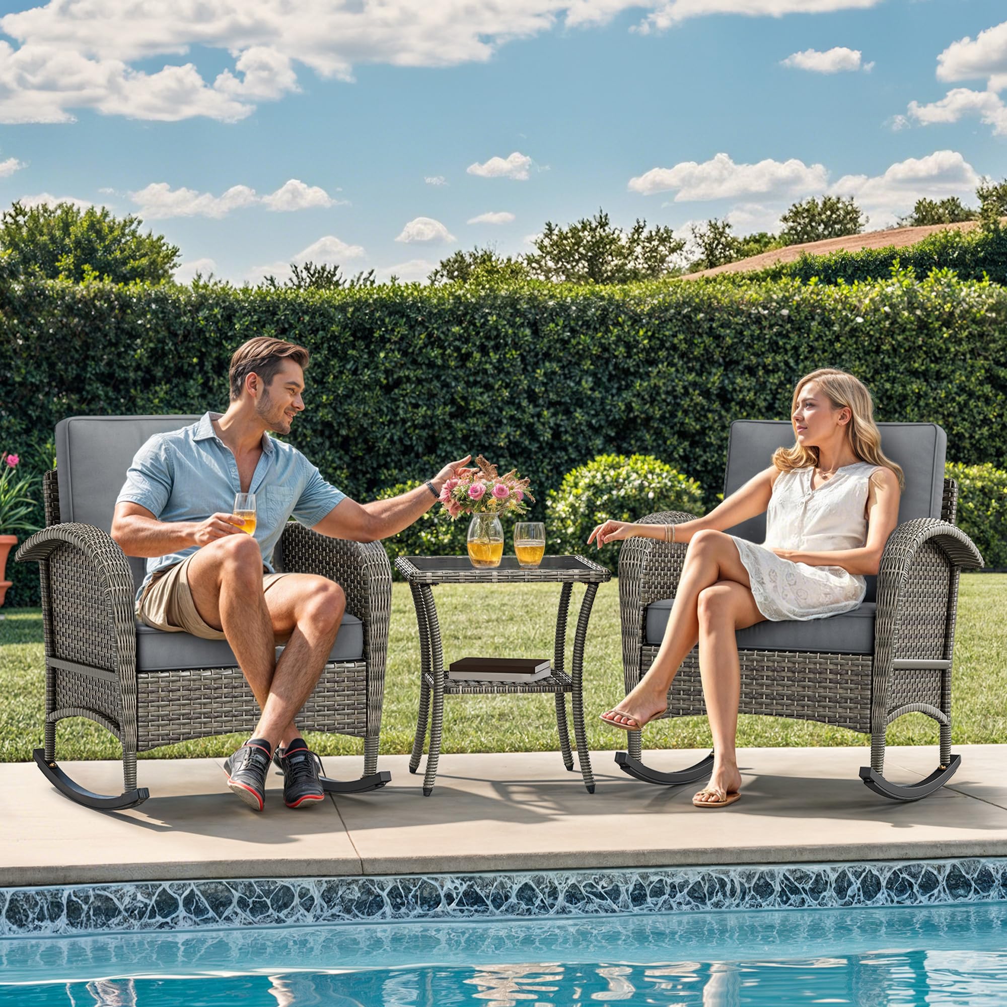 YITAHOME 3-Piece Wicker Rocking Chair Set, Outdoor Patio Furniture Set with Plush Cushions, PE Rattan Bistro Set Including Side Table, Perfect for Garden, Backyard, Porch, and Patio Use, Grey