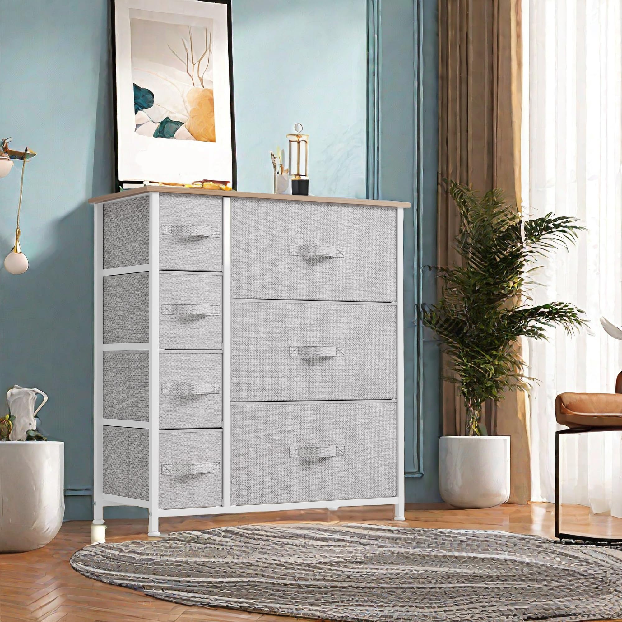 GOOBED Dresser for Bedroom, 7 Drawers Fabric Dresser, Organizer Unit for Living Room, Hallway, Closets - Sturdy Steel Frame, Wooden Top & Easy Pull Fabric Bins, Light Gray