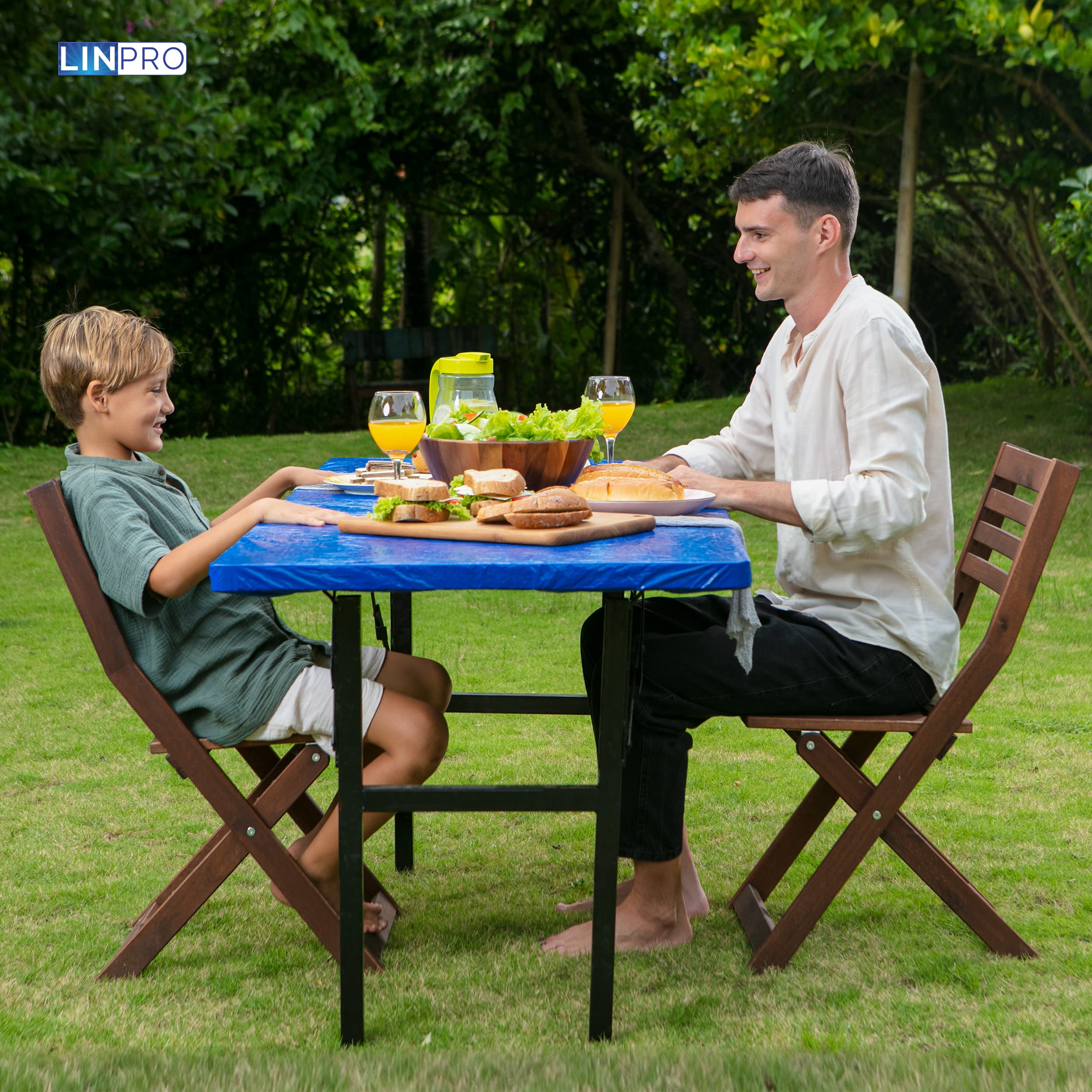 LINPRO 2Pk Plastic Table Cloths, 8ft Disposable Tablecloths for Parties & Folding Tables Waterproof Outdoor Fitted Camping Picnic Table Cover with Elastic Blue