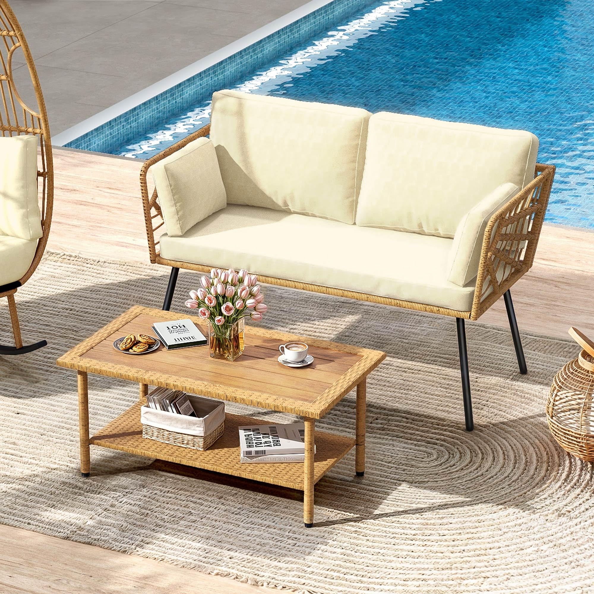 DWVO 2 Pieces Patio Furniture Set, All-Weather Wicker Rattan Loveseat with Thick Cushions & Table, Outdoor Conversation Set for Patio, Balcony, Backyard, Deck, Poolside