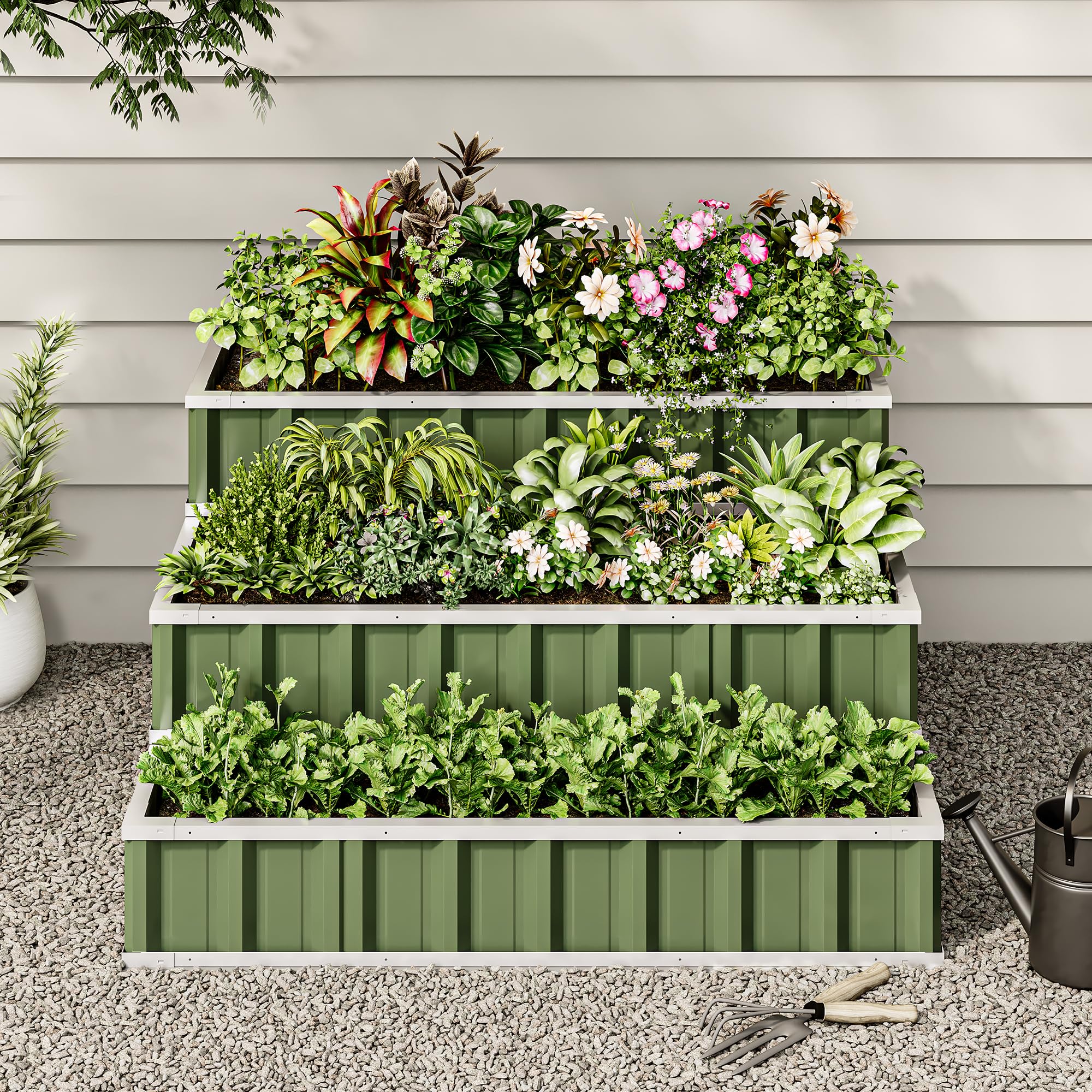 YITAHOME 4x4x2FT 3 Tiers Large Raised Garden Bed, 3 Installation Methods for DIY Outdoor Metal Patio Planter Box with Gloves and Reinforced Frame for Deep-Rooted Plants Vegetables Flowers (Green)