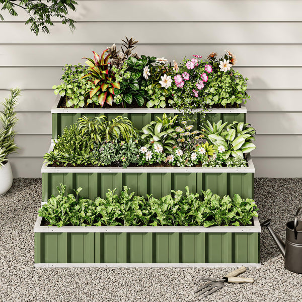 YITAHOME 4x4x2FT 3 Tiers Large Raised Garden Bed, 3 Installation Methods for DIY Outdoor Metal Patio Planter Box with Gloves and Reinforced Frame for Deep-Rooted Plants Vegetables Flowers (Green)