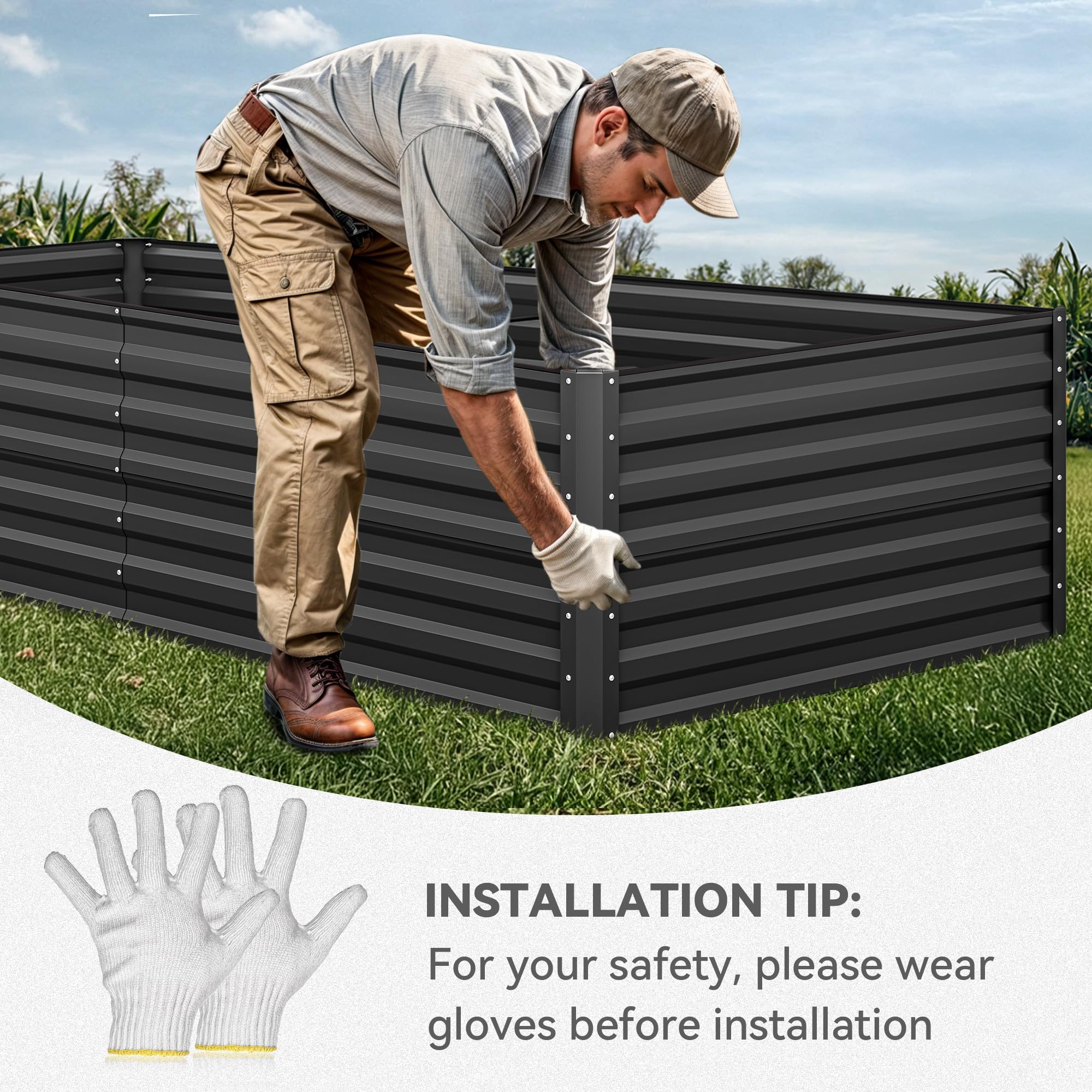 YITAHOME 96x48x24 in Galvanized Raised Garden Bed Kit, Large Metal Planter Box with Gloves, Safety Rubber & Support Rod, Outdoor Flower Bed for Plants Vegetables, Black