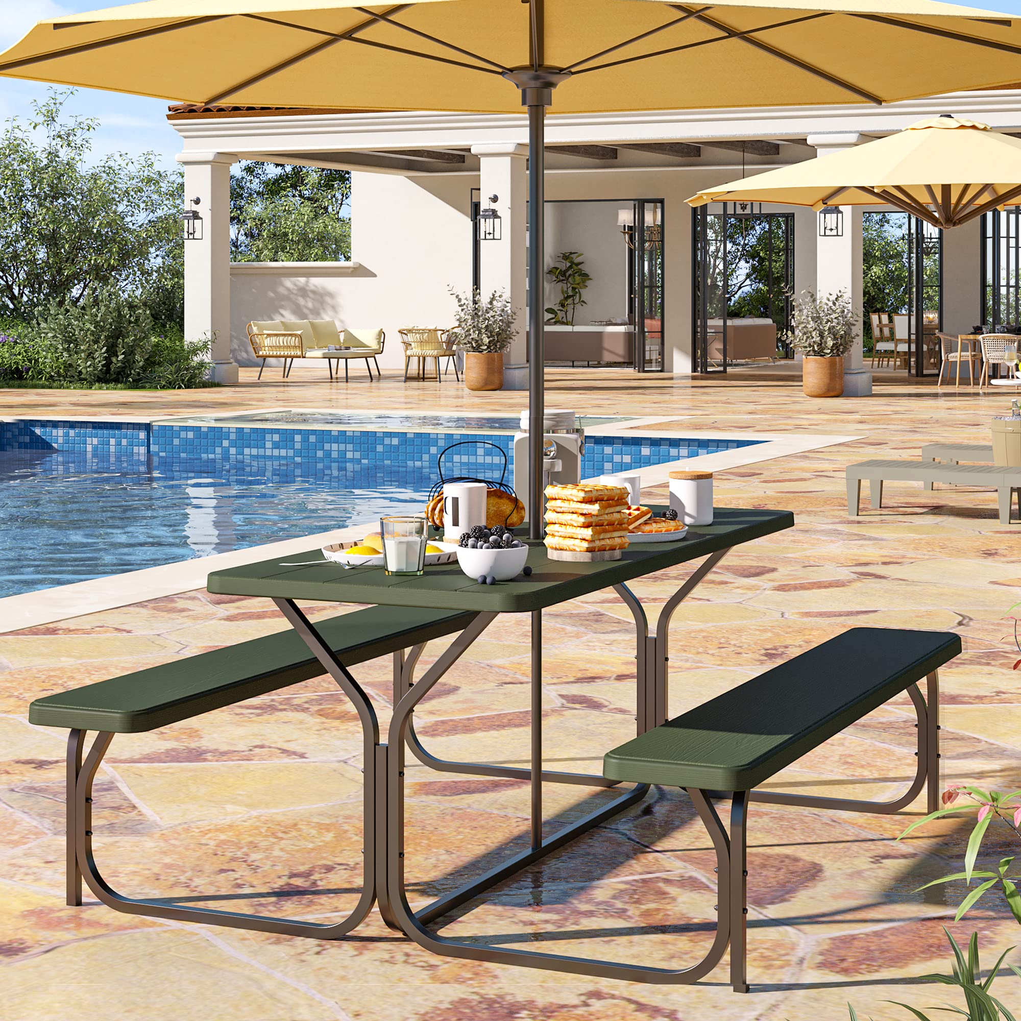 YITAHOME Picnic Table 6ft Heavy Duty Outdoor Picnic Table and Bench Resin Tabletop & Stable Steel Frame w/Umbrella Hole for Yard Patio Lawn Party Green