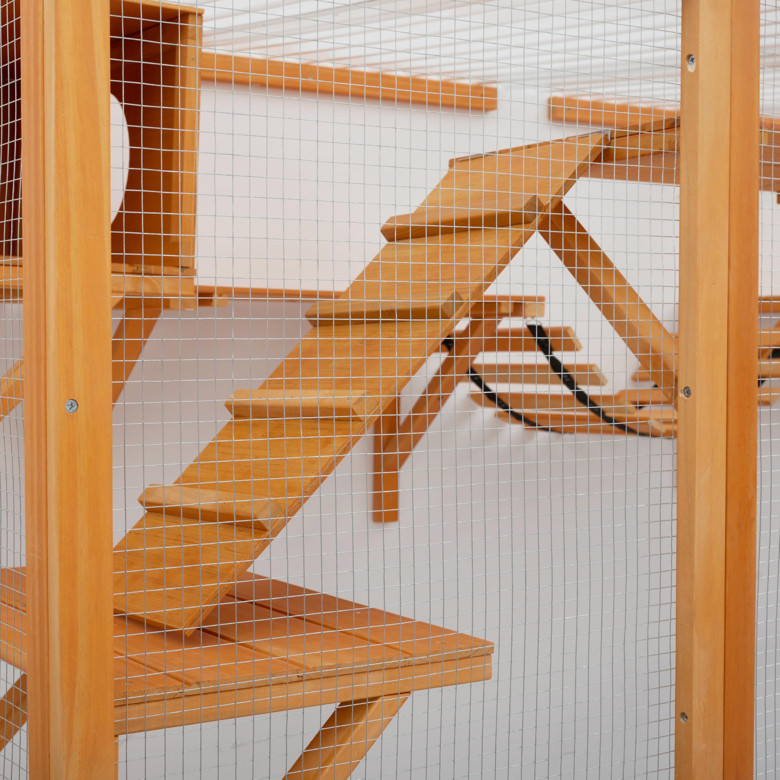 118" Large Wooden Window Catio Outdoor Cat Enclosure Walk in Cat Cage Kitten Playpen Patio with Weatherproof Roof, 2 Resting Houses,2 Bouncy Bridges and 6 Platforms Natural Wood