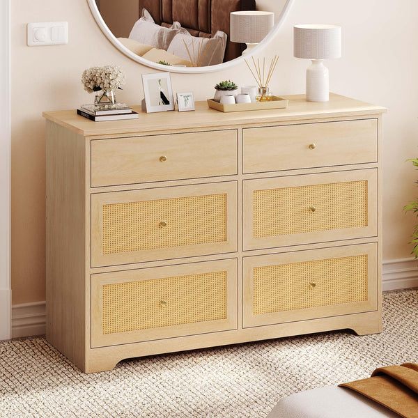 DWVO 6 Drawer Dressers & Chests of Drawers, Rattan Dresser for Room, Entryway, Hallway, Natural