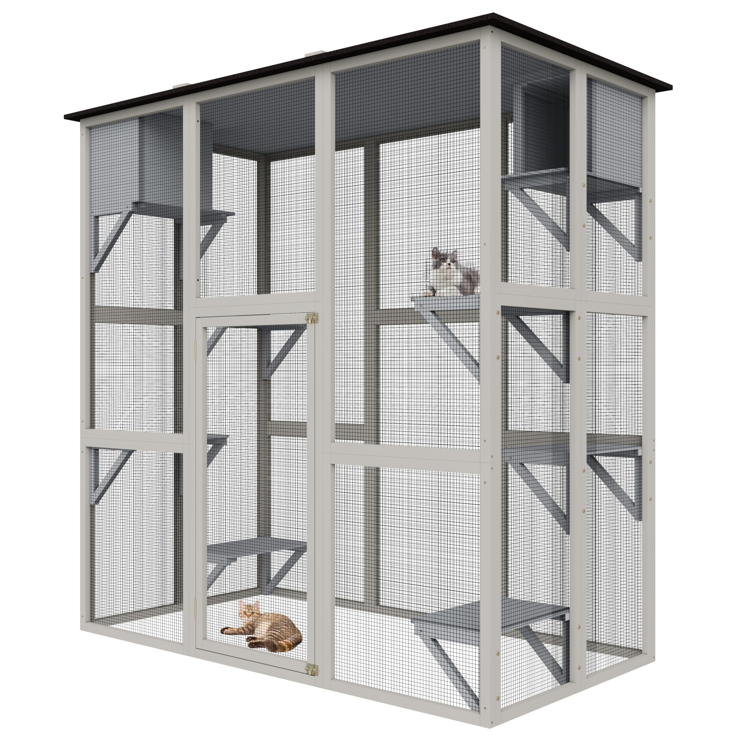 Catio Outdoor Cat Enclosure, Large Walk in Cat Cage, Wood Cat House for Cats with Six Platforms, Large Door, Waterproof Roof