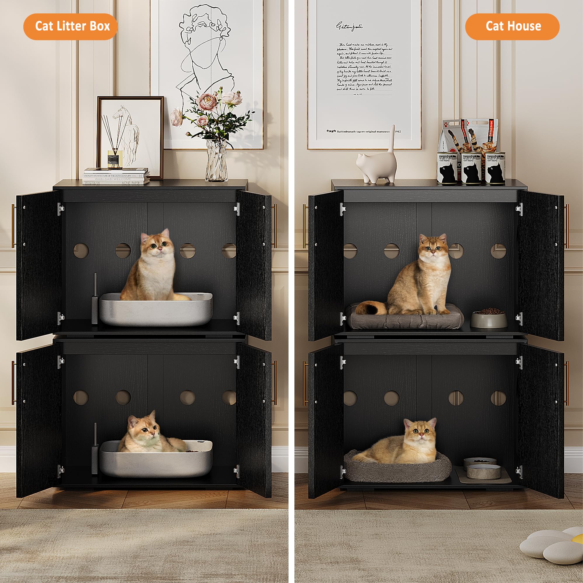 GarveeHome Cat Litter Box Enclosure, Hidden cat Litter Box Furniture with with 2 Doors and Pads, Wooden Kitty Litter Box Cabinet Furniture (Black, 1 Room)