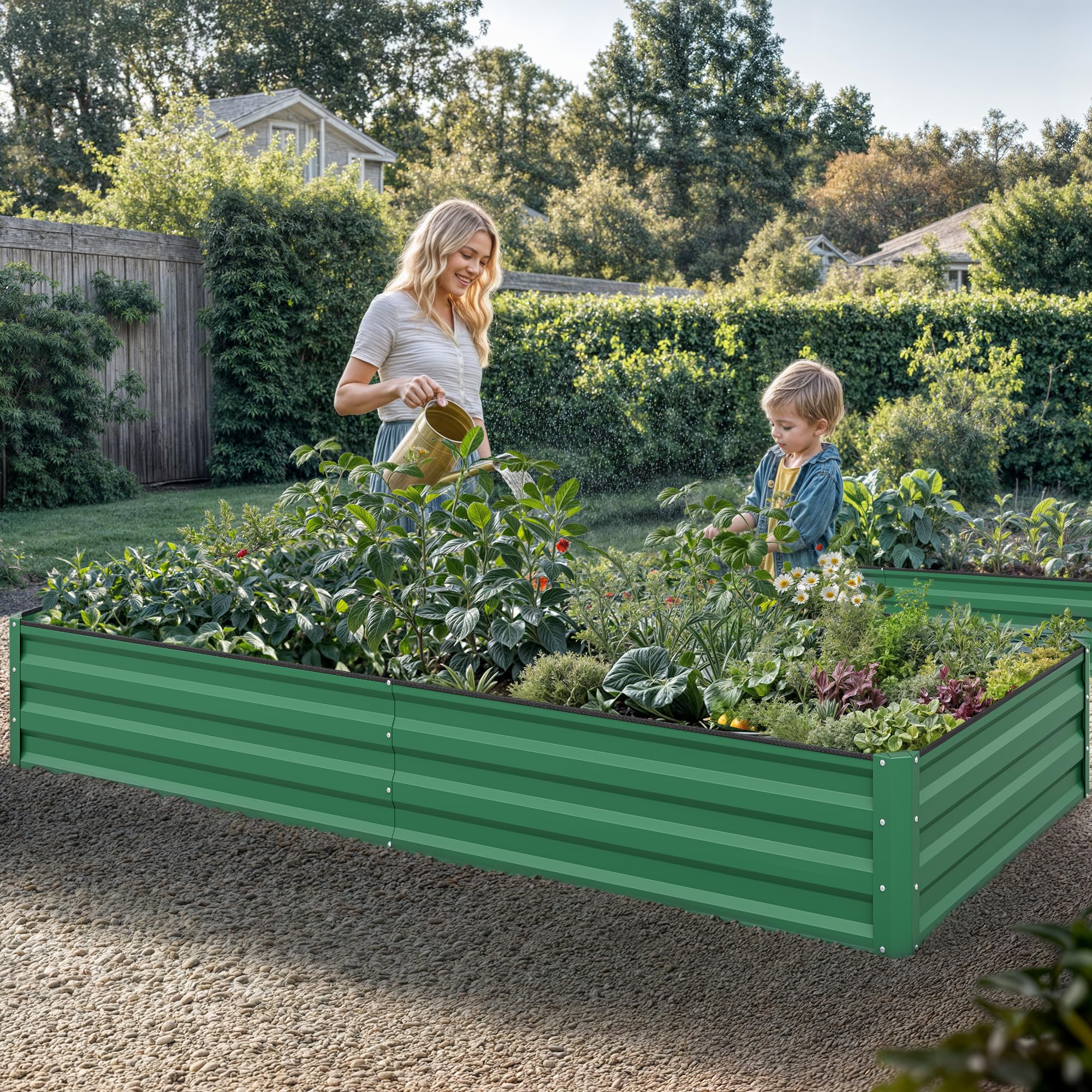 YITAHOME 8x4x1ft 2pcs Large Raised Garden Bed Kit, Galvanized Metal Planter Box with Gloves, Ground Nails & Safety Rubber, Outdoor Above Ground Planters for Plants Vegetables Flowers, Green