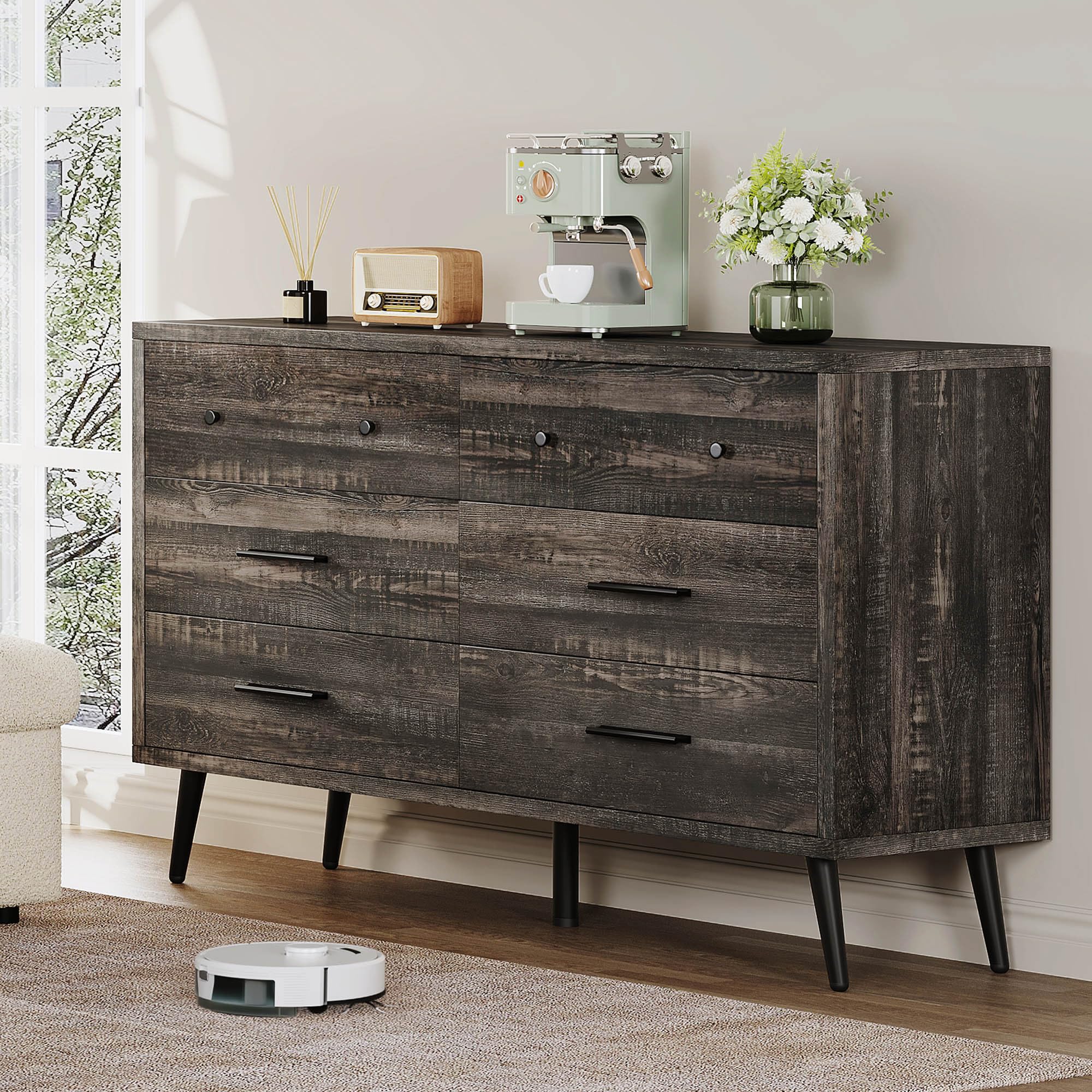 DWVO 6-Drawer Dresser, Wood Storage Cabinet with Black Metal Handles & Anti-Tip Design, Modern Chest of Drawers for Living Room, Bedroom, or Hallway-Dark Rustic Oak