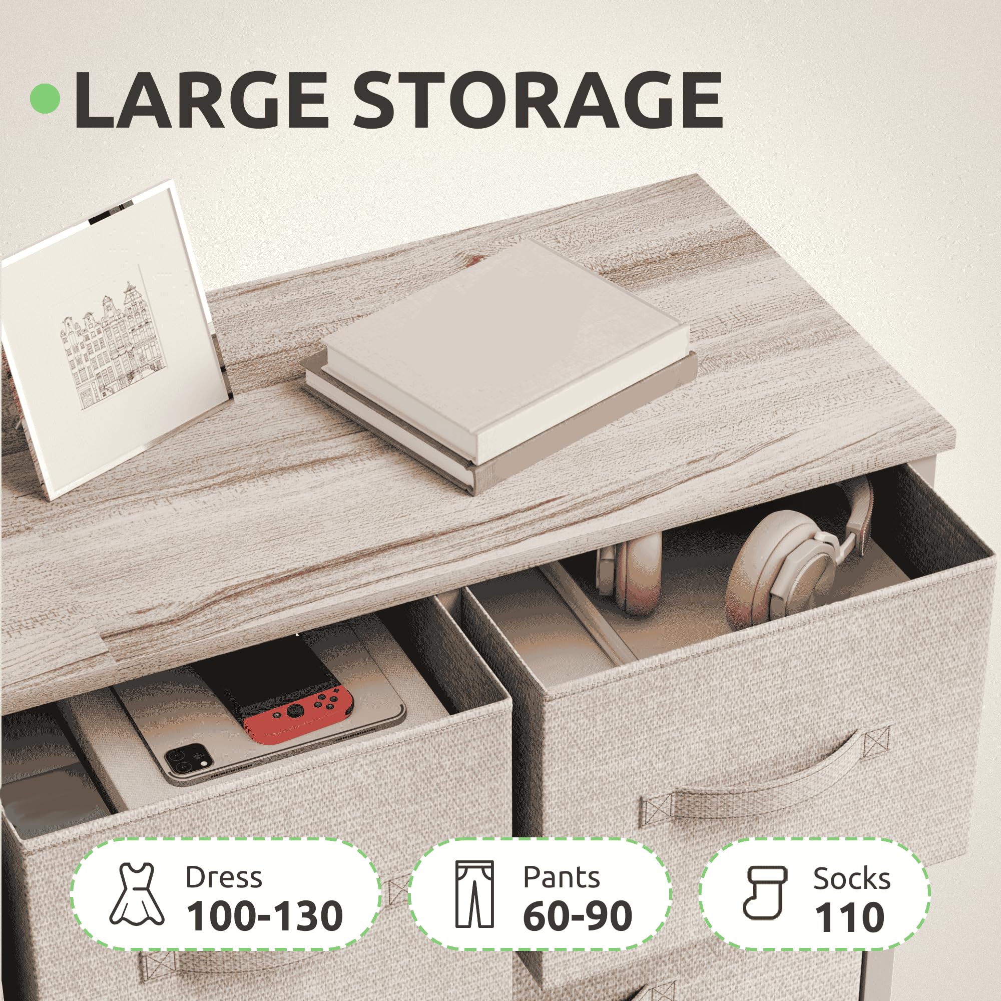 GOOBED 5 Drawer Dresser - Fabric Storage Tower, Organizer Unit for Living Room, Hallway, Closets - Sturdy Steel Frame, Wooden Top & Easy Pull Fabric Bins