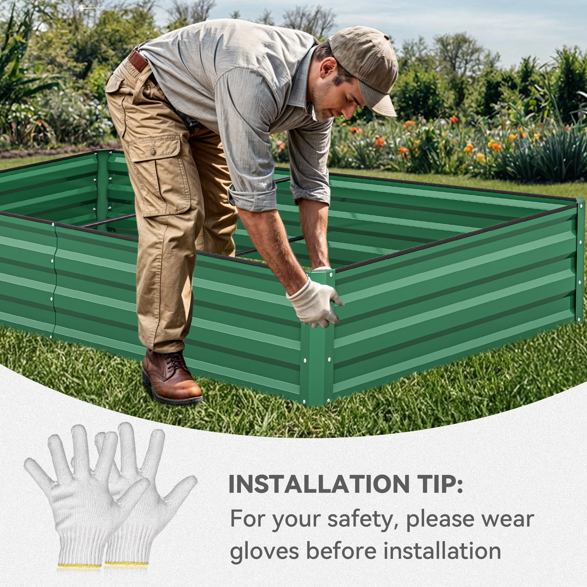 YITAHOME 8x4x1ft 2pcs Large Raised Garden Bed Kit, Galvanized Metal Planter Box with Gloves, Ground Nails & Safety Rubber, Outdoor Above Ground Planters for Plants Vegetables Flowers, Green