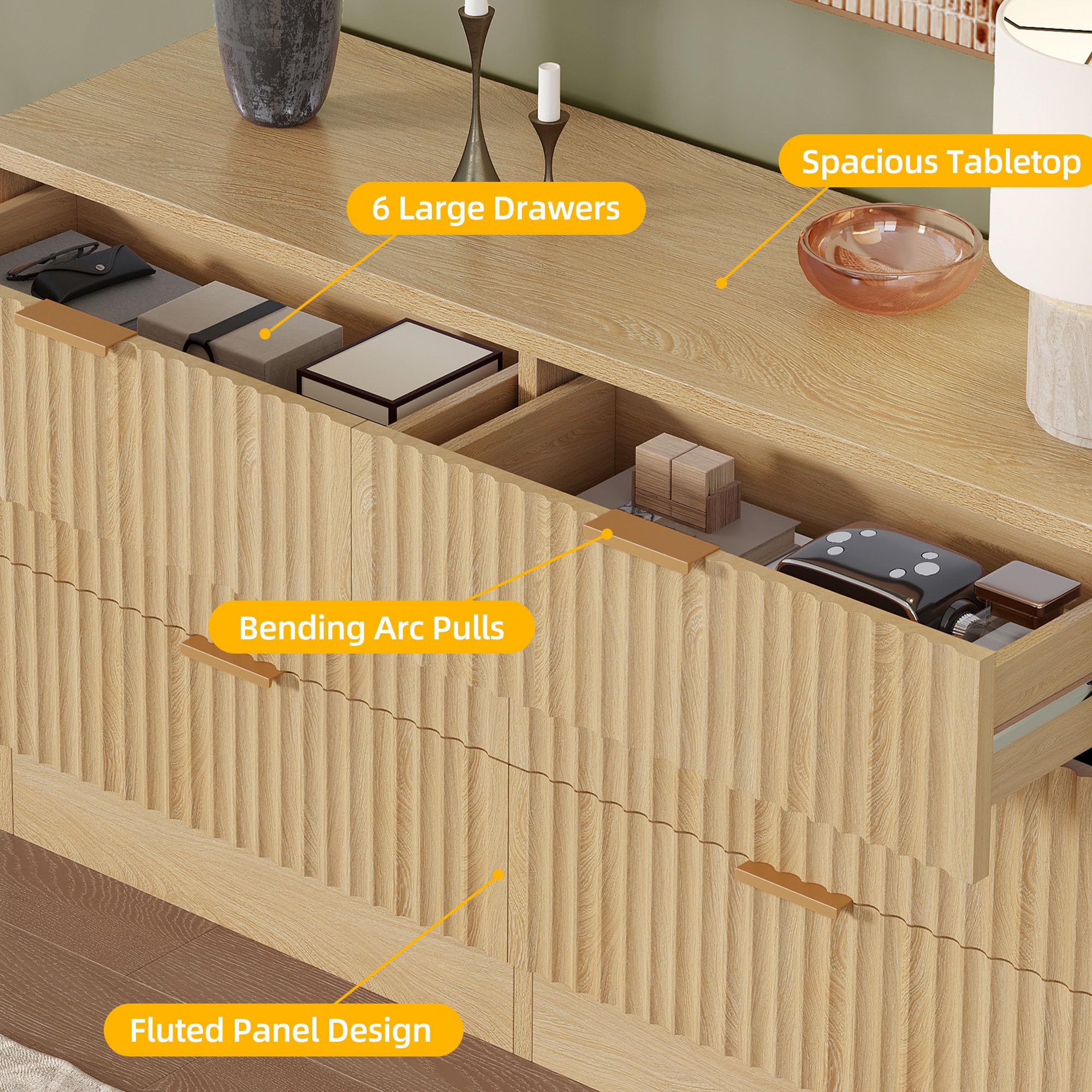 DWVO Fluted Sideboard Cabinet with 6 Drawers, Self-Standing Buffet Cabinet, Modern Drawers Dresser, Wooden Storage Cabinet for Living Room, Entryway, Hallway, Natural Oak