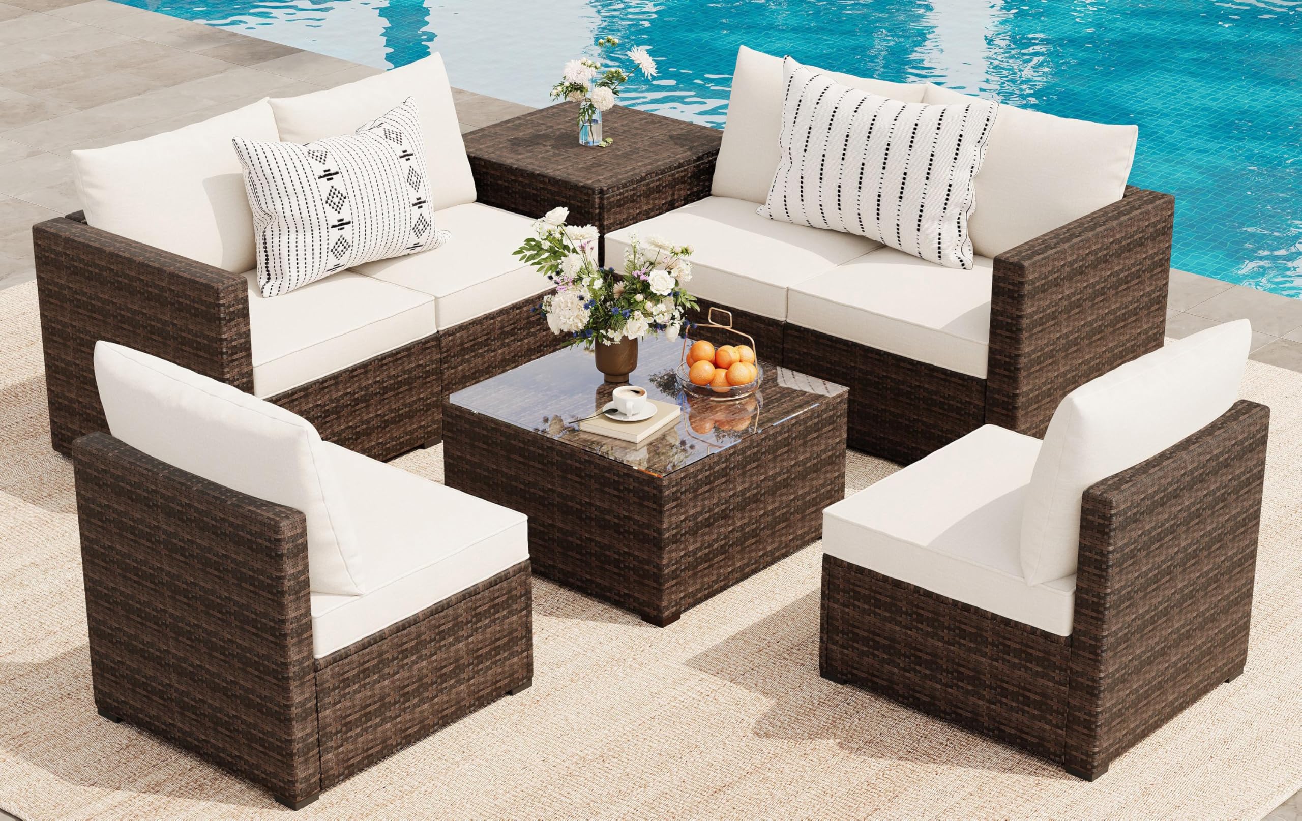 8 Pieces Outdoor Furniture Sets, Patio Conversation Sets with Storage Coffee Table & Water-Resistant Cushions, Outdoor Sectional Furniture for Front Porch, Backyard, Garden