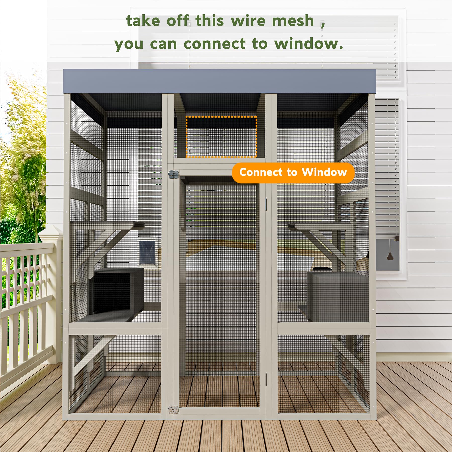 70” Catio Outdoor Cat Enclosure, Large Wood Cats House, Catio Window Cat Enclosure, Jumping Platform & 2 Napping Resting Box