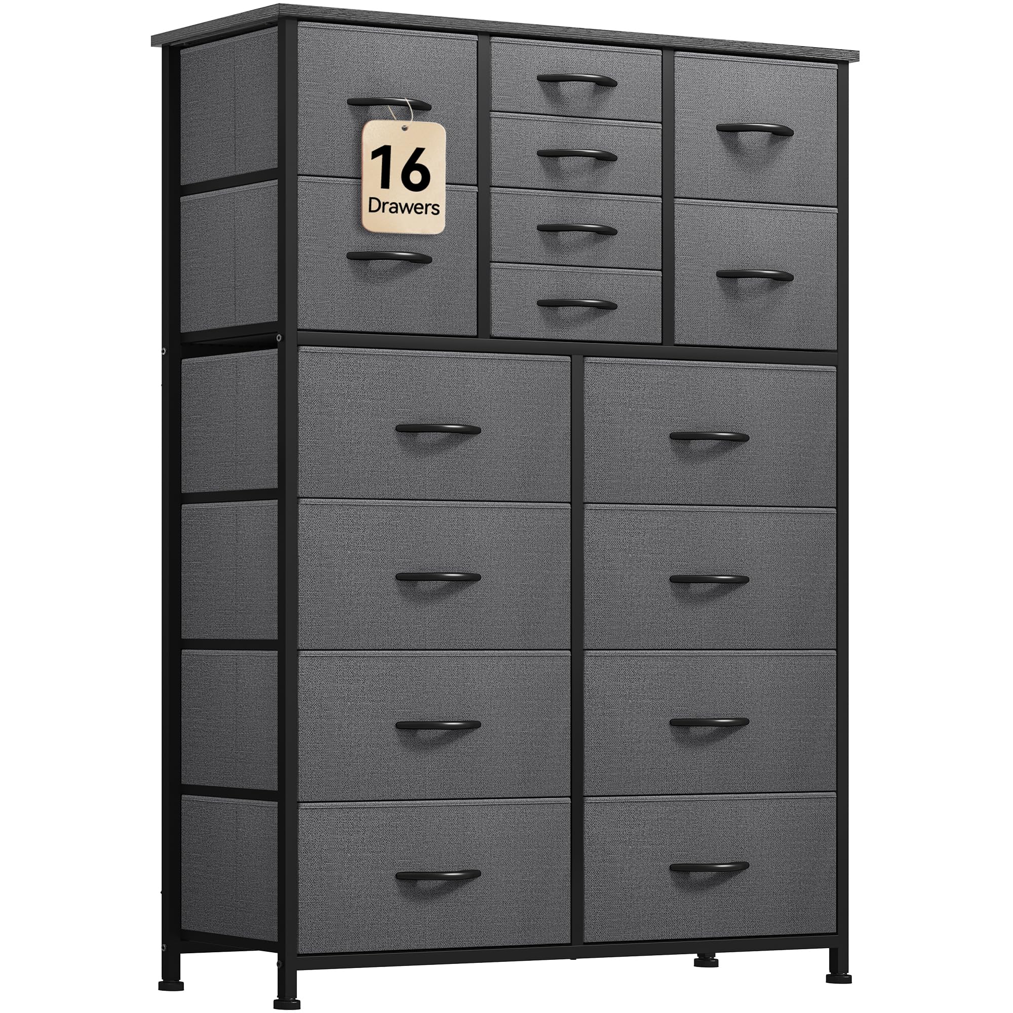 DWVO 16 Drawer Dresser, Tall Fabric Dresser, Large Chest of Drawers, Gray Storage Organizer Closet Living Room Entryway with Sturdy Metal Frame and Wooden Top, Gray