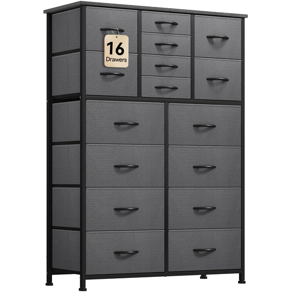 DWVO 16 Drawer Dresser, Tall Fabric Dresser, Large Chest of Drawers, Gray Storage Organizer Closet Living Room Entryway with Sturdy Metal Frame and Wooden Top, Gray
