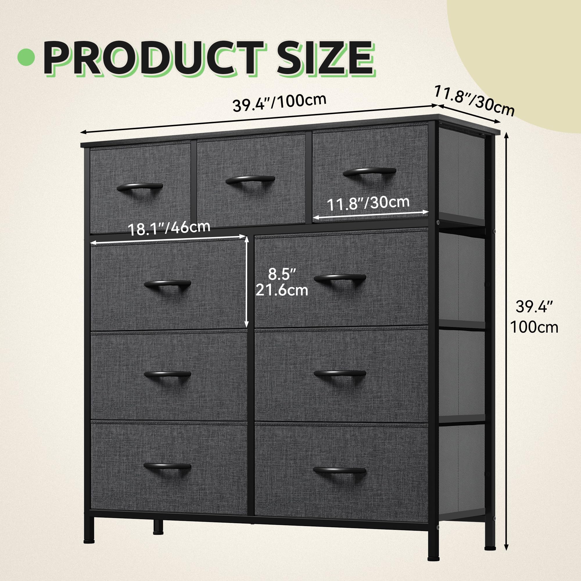 GOOBED Dresser with 9 Drawers - Fabric Storage Tower, Tall Chest Organizer Unit for Living Room, Entryway with Sturdy Steel Frame, Wooden Top, Cool Black Grey
