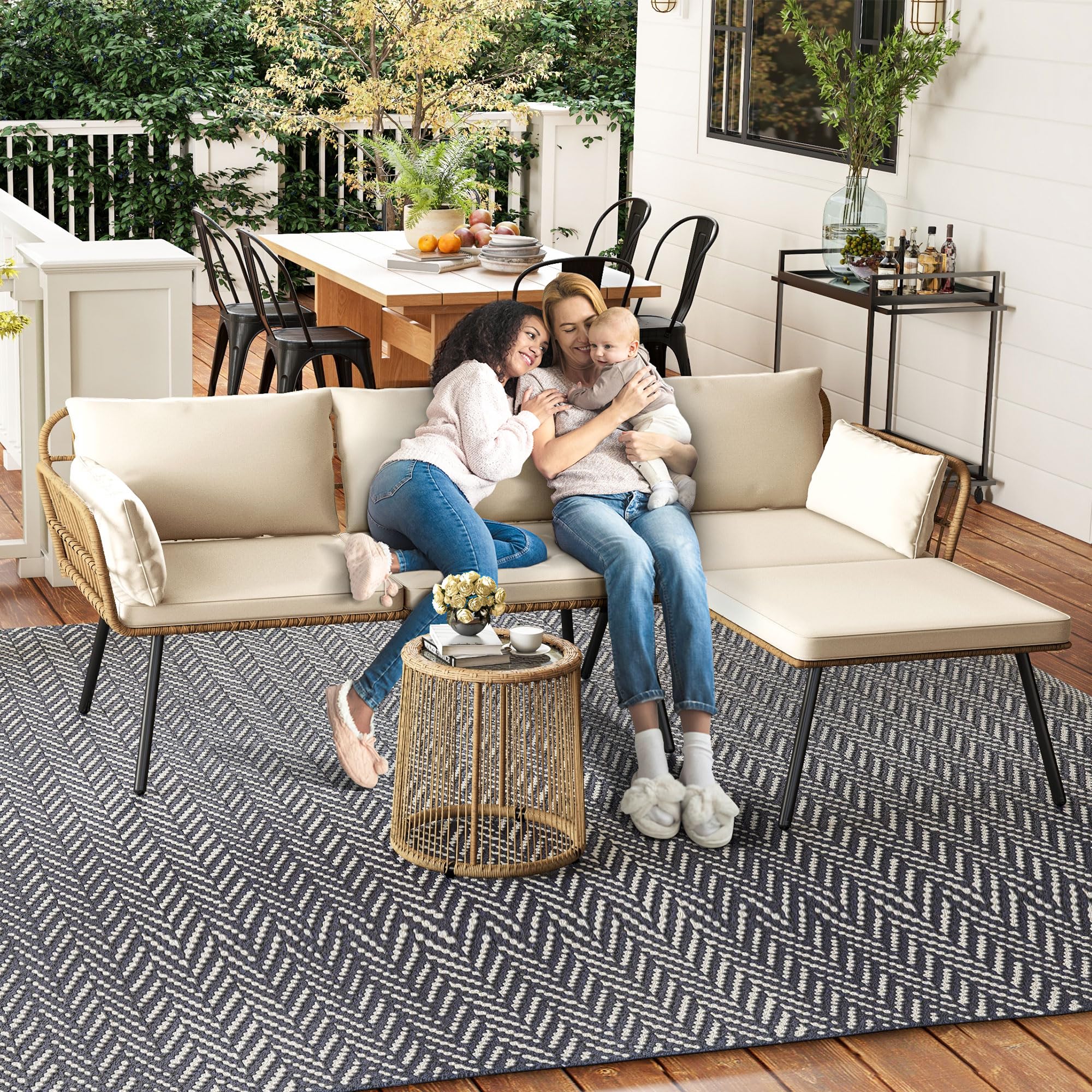 DWVO 3 Pieces Patio Furniture Set, Wicker Conversation Sectional Sofa, L-Shaped Sofa with 4 Seater for Backyard, Porch, Boho Detachable Lounger with Cushions and Coffee Table - Beige