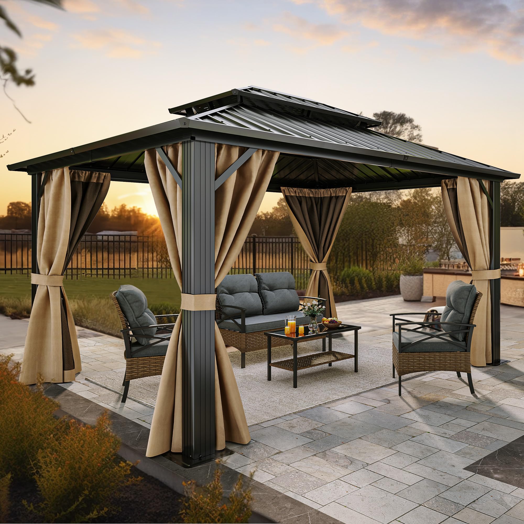YITAHOME 10x12ft Gazebo Double Roof Hardtop with Nettings and Curtains, Heavy Duty Galvanized Steel Outdoor Vertical Stripes Roof for Patio, Backyard, Deck, Lawns, Brown