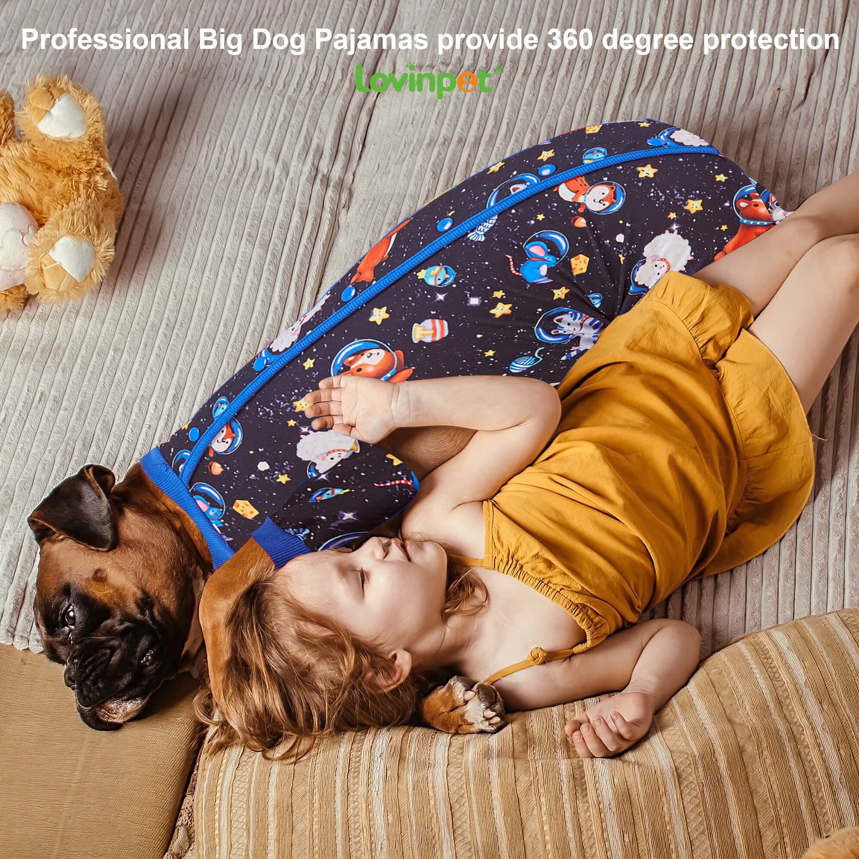 LovinPet Large Big Dog Pajamas - Anxiety Calming Dog Onesie, Pet Pajamas for Dogs, Lightweight Stretchy 4 Legged Style Large Dog Jammies, Space Animals Black Print, Pet Pjs,Black 3XL