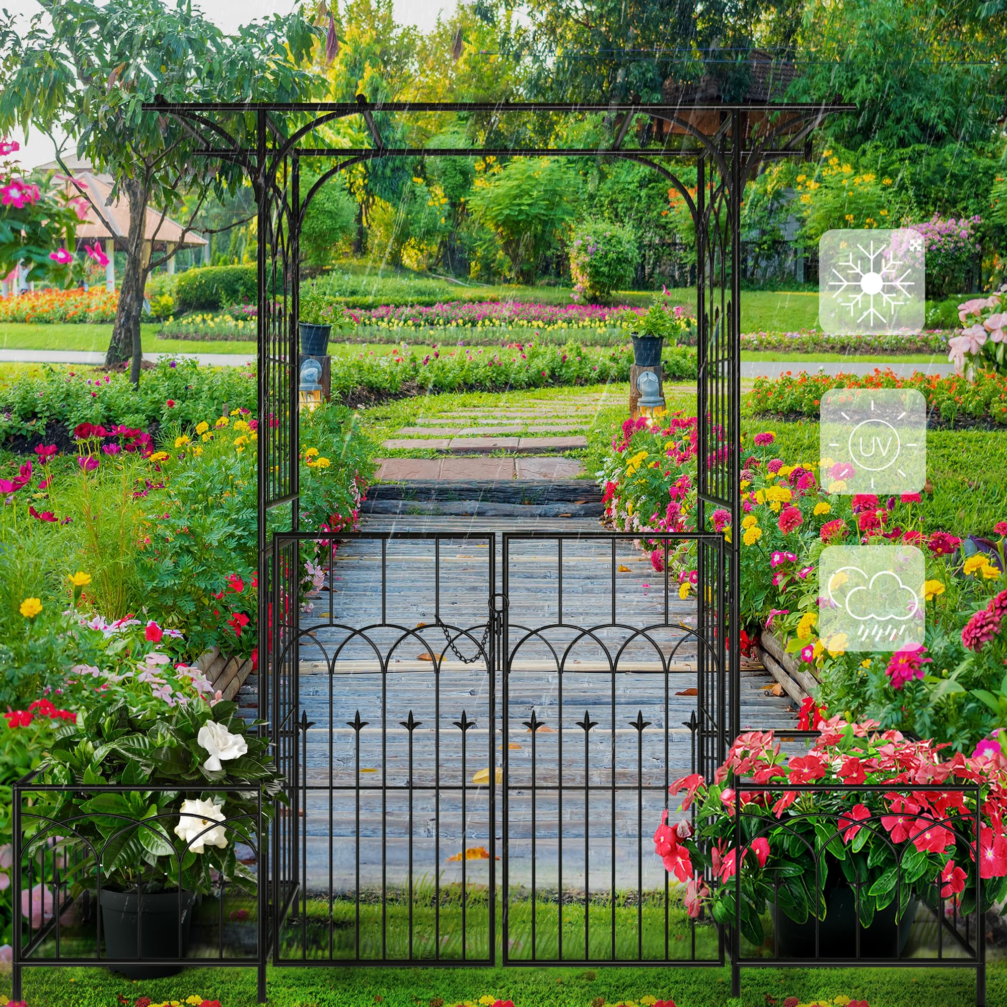 YITAHOME Garden Arbor with Gate and Planter Box, Metal Garden Arch for Climbing Plants Outdoor, Wedding Arches for Ceremony, Garden Arbors and Arches for Lawn, Patio, Backyard