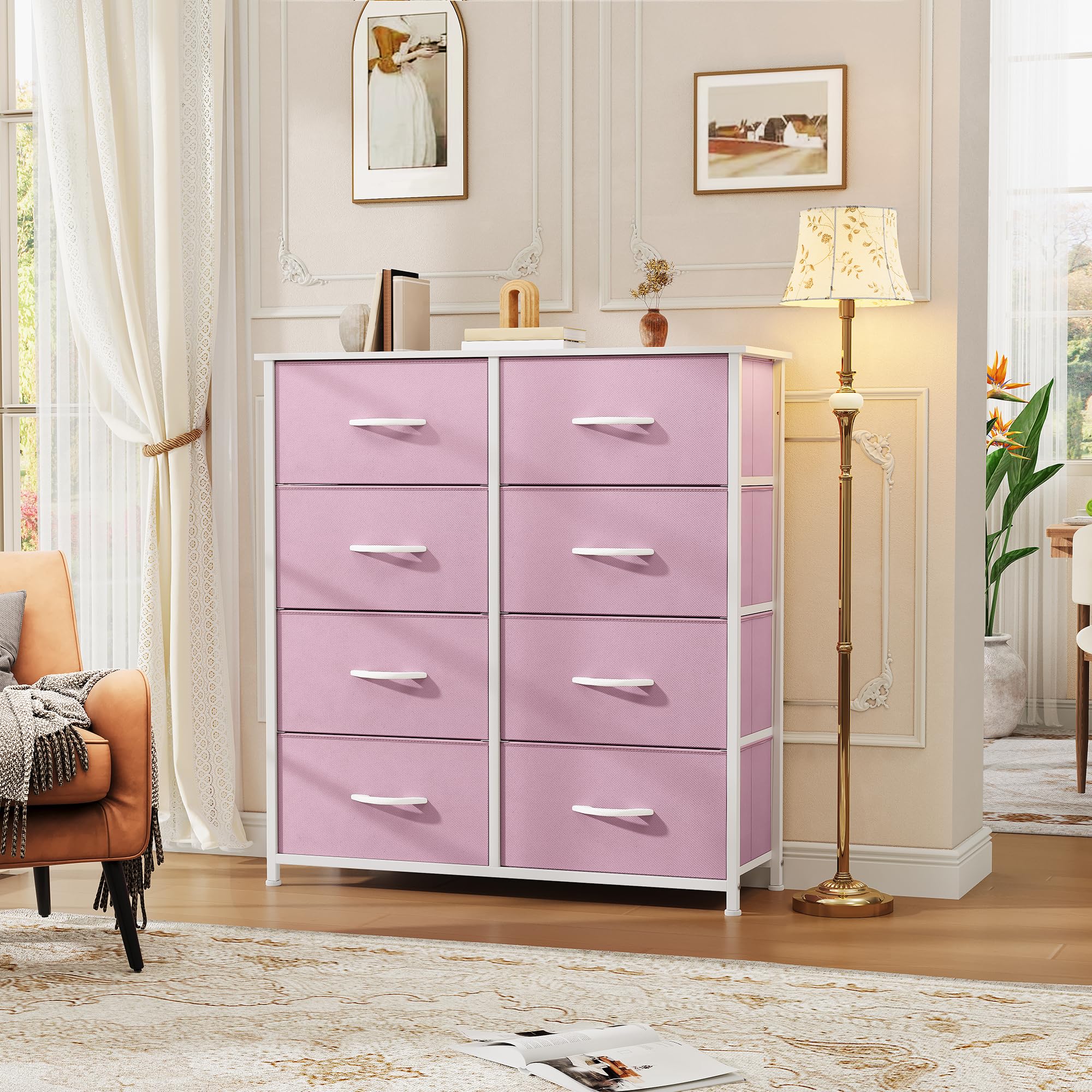 DWVO Fabric Dresser for Bedroom, Tall Storage with 8 Drawers, Pink Chest of Drawers, Storage Drawer Organizer for Closet (Begonia Pink)