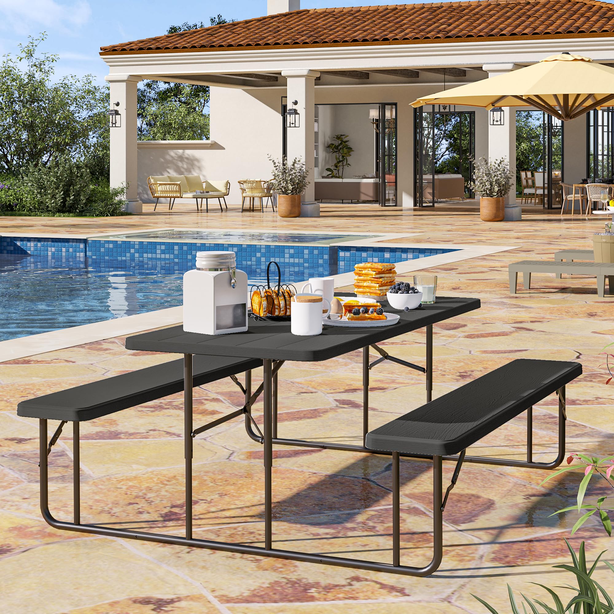 YITAHOME 6FT Large Folding Picnic Table w/Easy Assembly Steel Frame & Wood Like Tabletop, All Weather Folding Picnic Tables with Benches Ideal for Yard Patio Lawn Party, Black