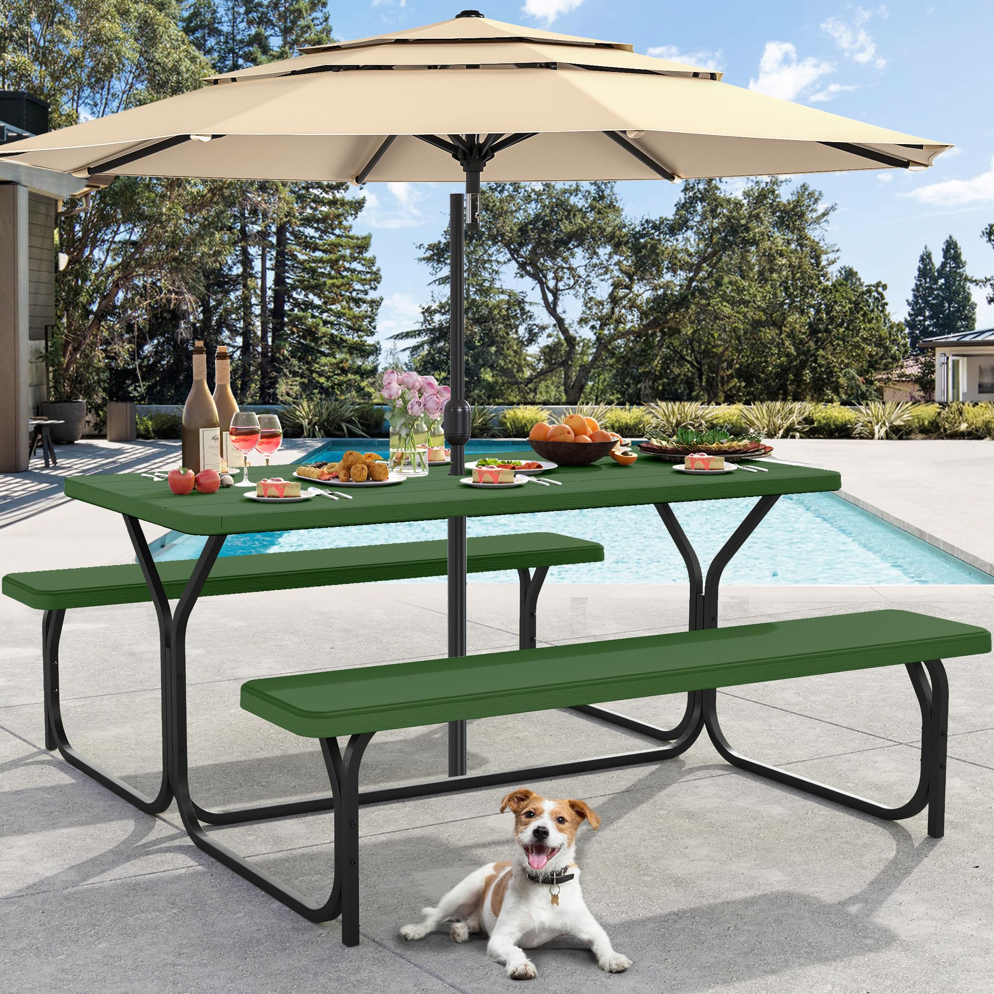 DWVO 6FT Picnic Table, Heavy Duty Outdoor Picnic Table and Bench w/Umbrella Hole, Resin Tabletop & Stable Steel Frame Ideal for Yard Patio Lawn Party, Green