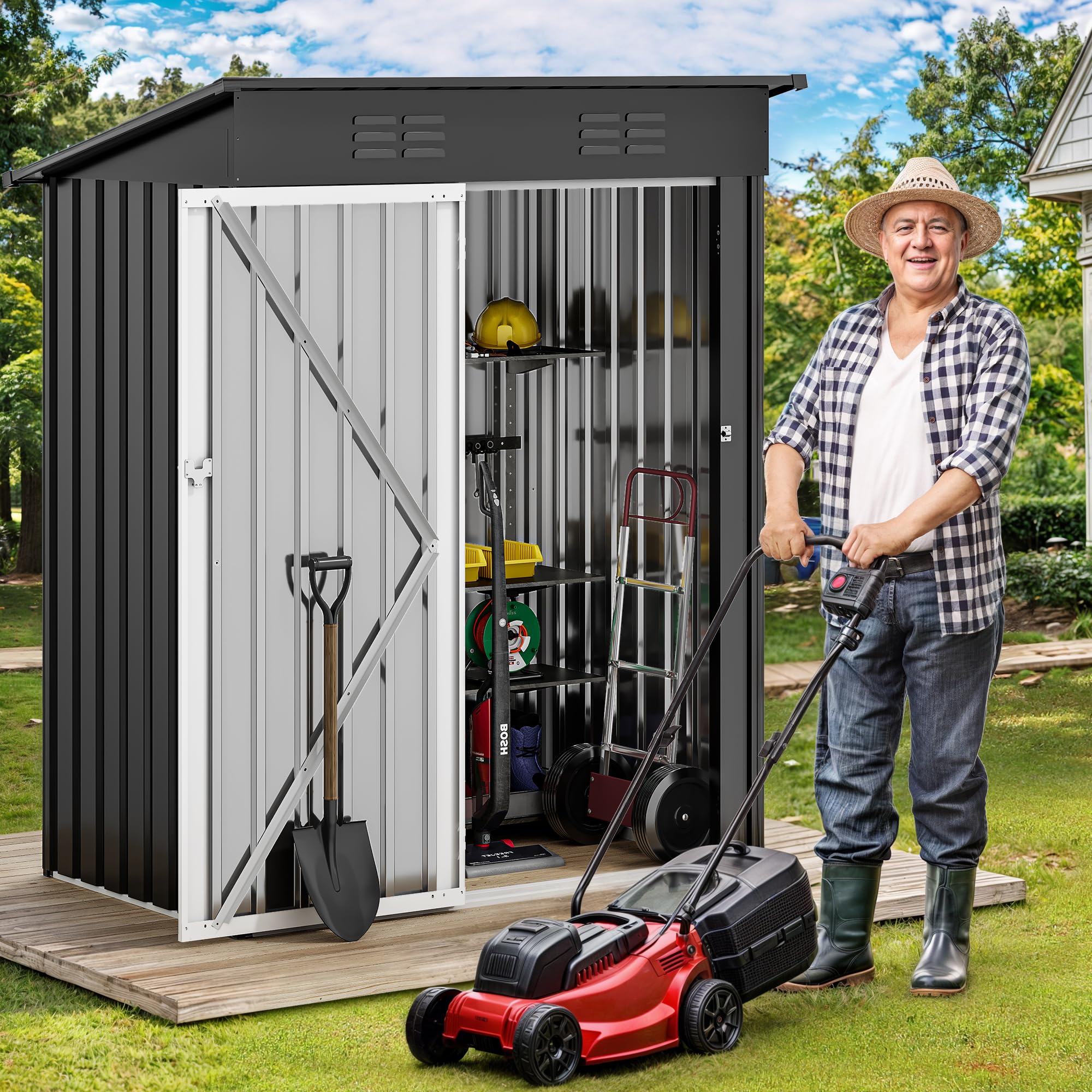 DWVO Metal Outdoor Storage Shed 5x3ft, Lockable Tool Sheds Storage with Air Vent for Garden, Patio, Lawn to Store Garbage Can, Lawnmower, Dark Gray