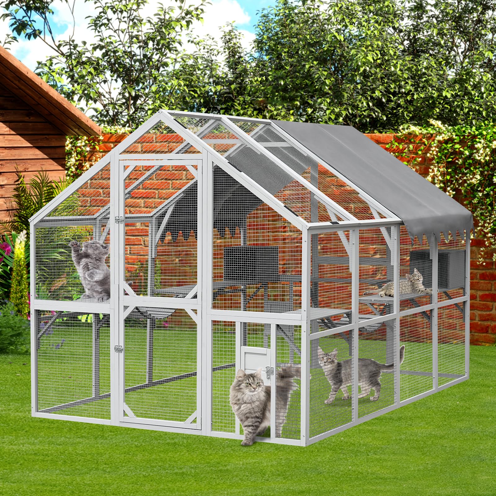 110" Large Wooden Window Catio Outdoor Cat Enclosure Walk in Cat Cage Kitten Playpen Patio with Weatherproof Roof, Multiple Platforms, 2 Bouncy Bridges and 2 Resting Houses