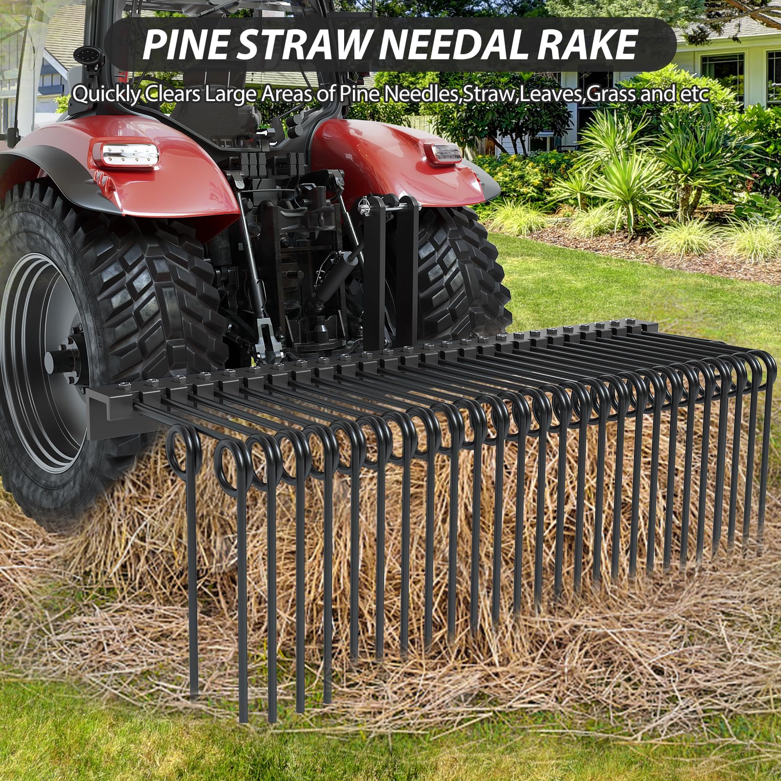 72 Inch Pine Straw Needle Rake, 3 Point Landscape Rake, Powder Coated Steel Spring Tow Behind Rakes, Tractor Attachments for Leaves Straw Grass Attach to Cat 0 Cat 1, Black